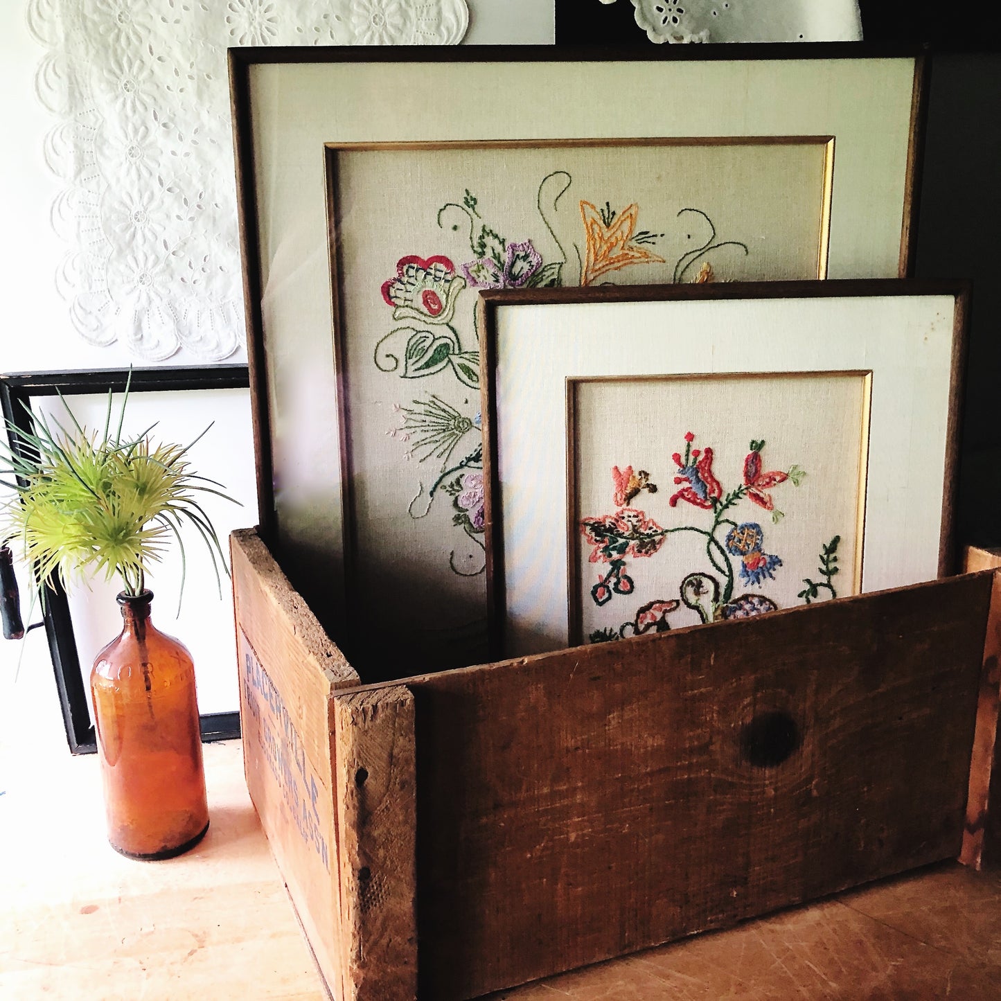 Mid Century Framed Floral Needlework Set (c.1960s)