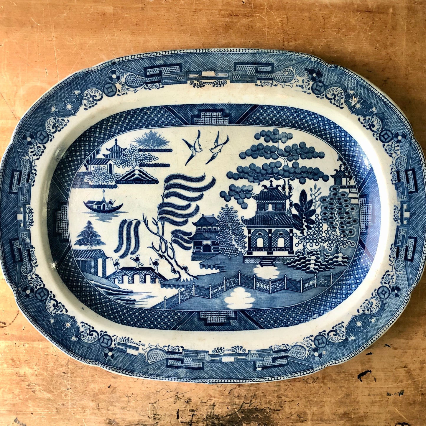 Extra Large Blue Willow Transferware Meat Platter (c.1800s)