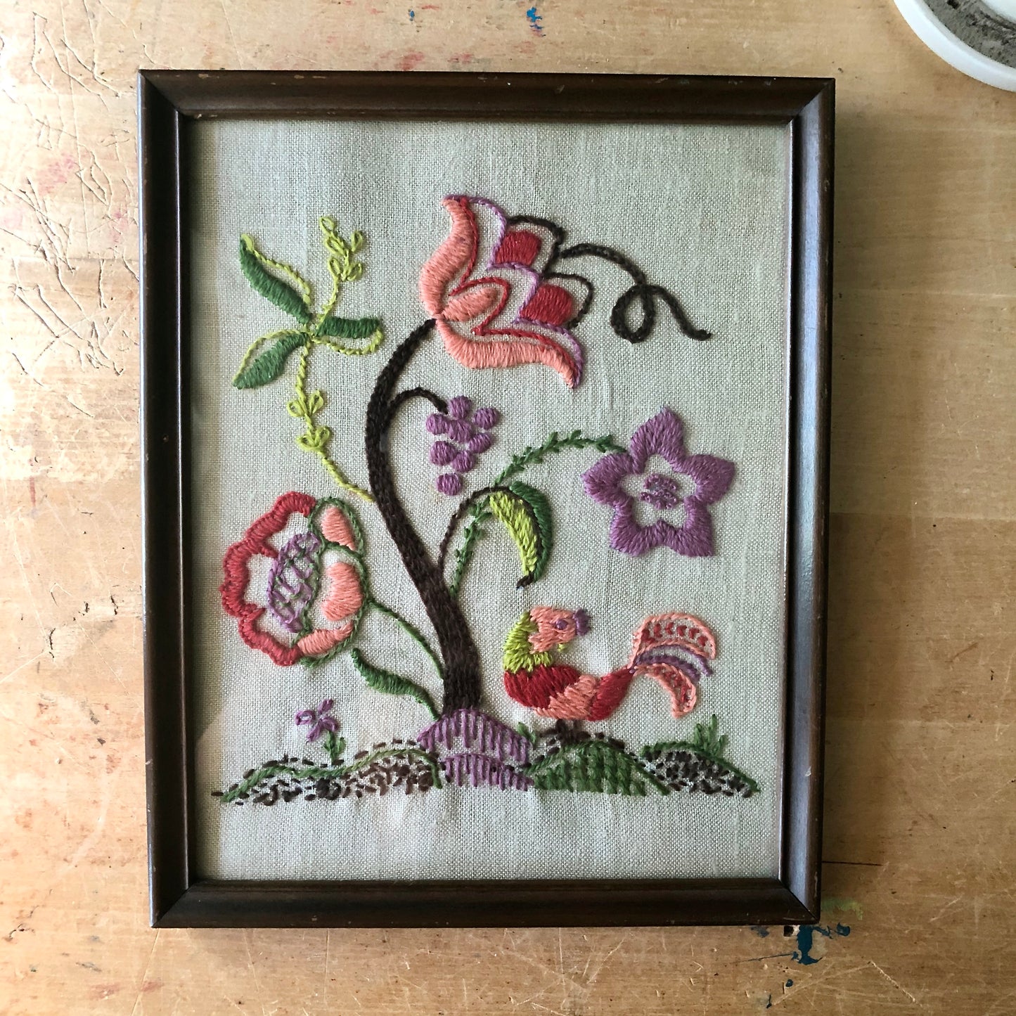 Framed Floral Crewel Embroidery (c.1970s)