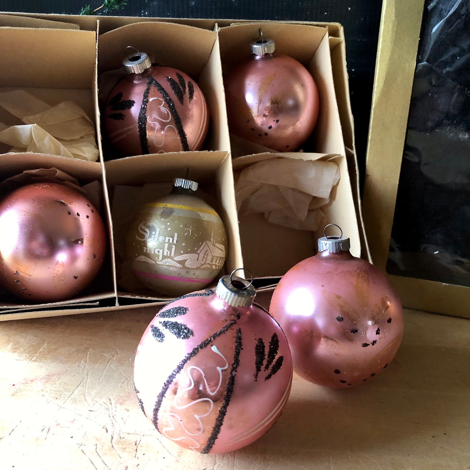 Pale Pink Shiny Brite Glitter Ornaments (c.1950s)