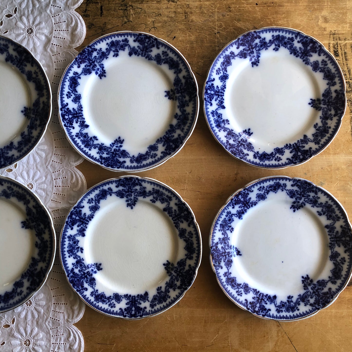 English Antique Flow Blue Dessert Plates, Set of 6 (c.1800s)