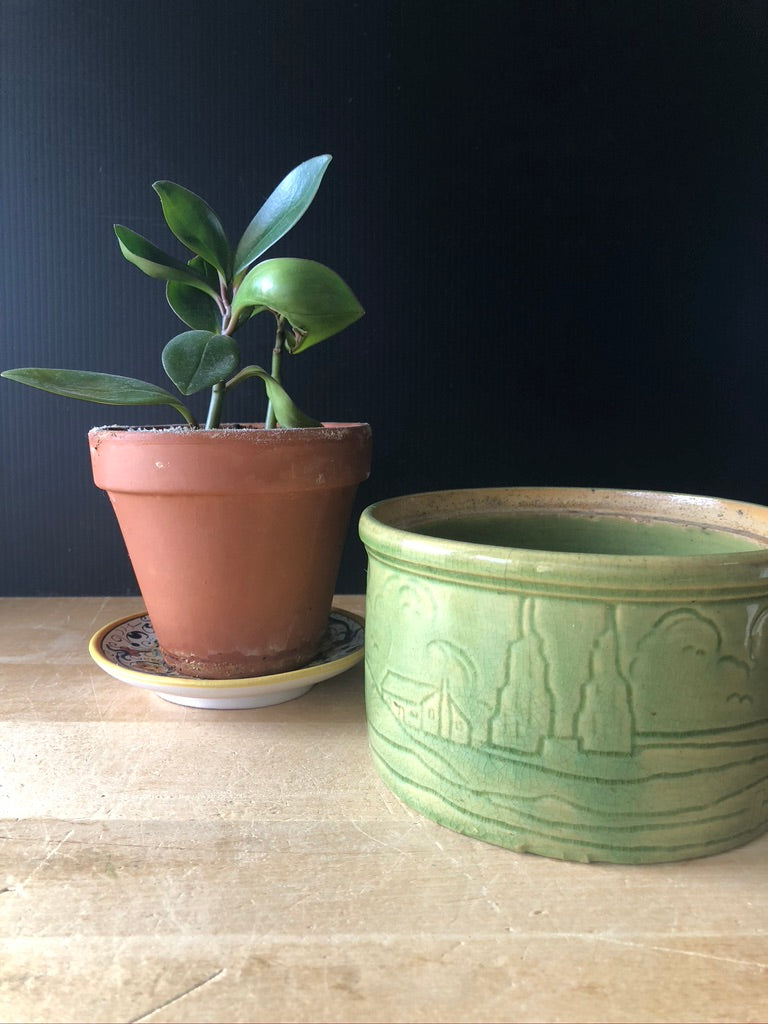 Green Yellow Ware Crock with Windmill Design (c.1930s)