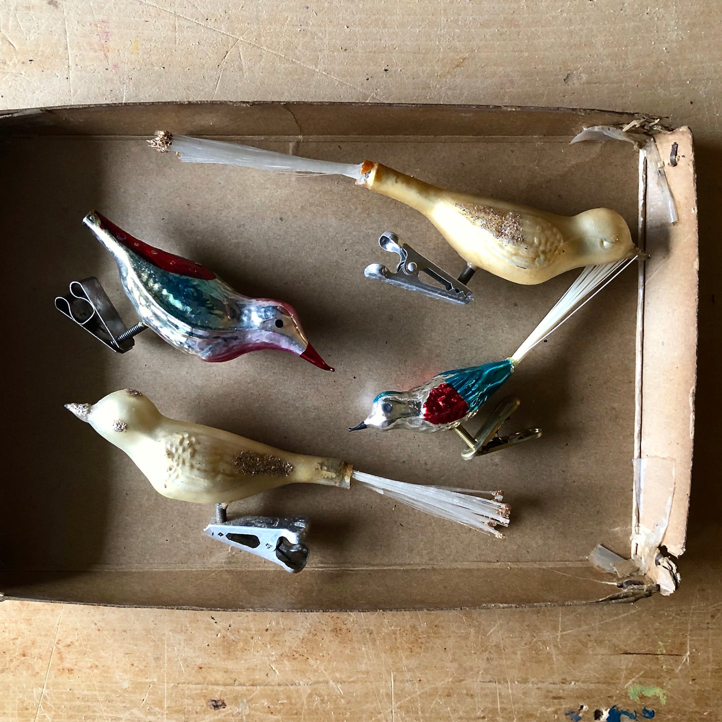 Vintage Glass Bird Tree Clip Ornaments (c.1950s)