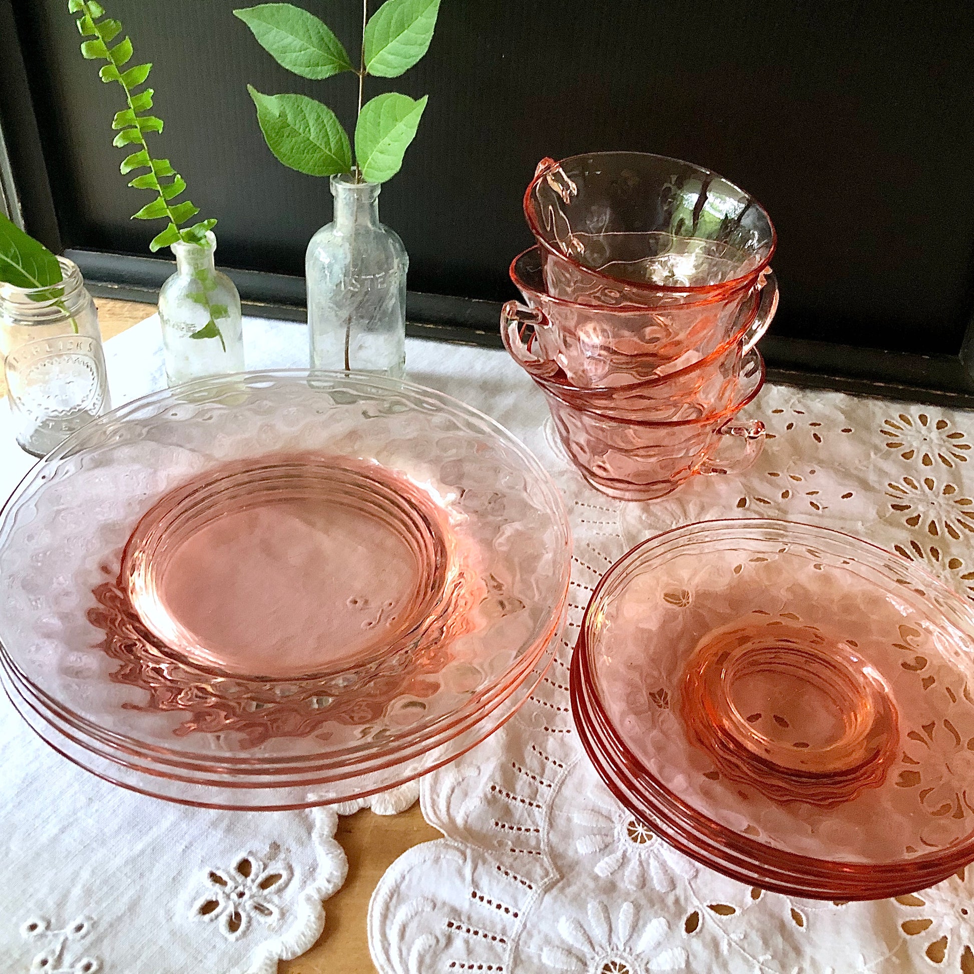 Cambridge Pink Depression Glass Dessert Set, Aero Optic Pattern (c.1930s)