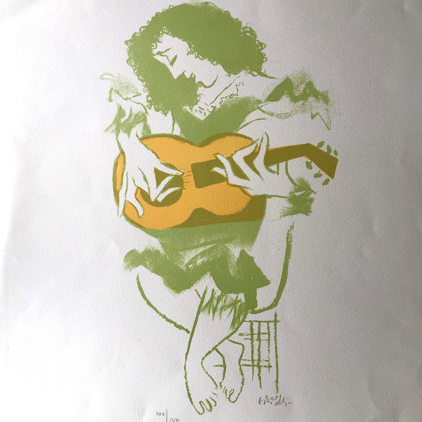 Mid Century Lithograph Print of Woman Playing Guitar