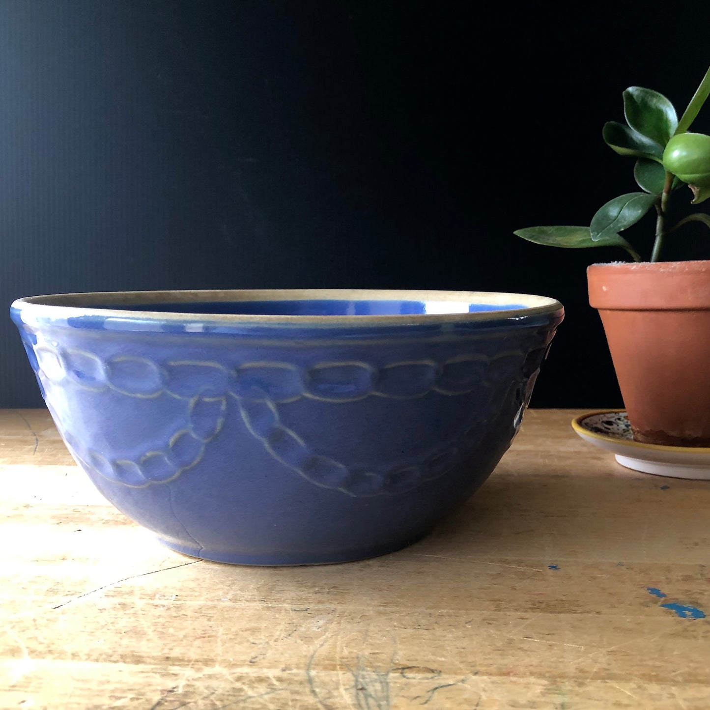 Vintage Farmhouse Blue Pottery Mixing Bowl