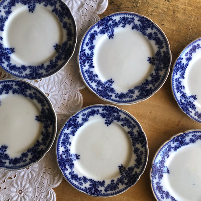 English Antique Flow Blue Dessert Plates, Set of 6 (c.1800s)