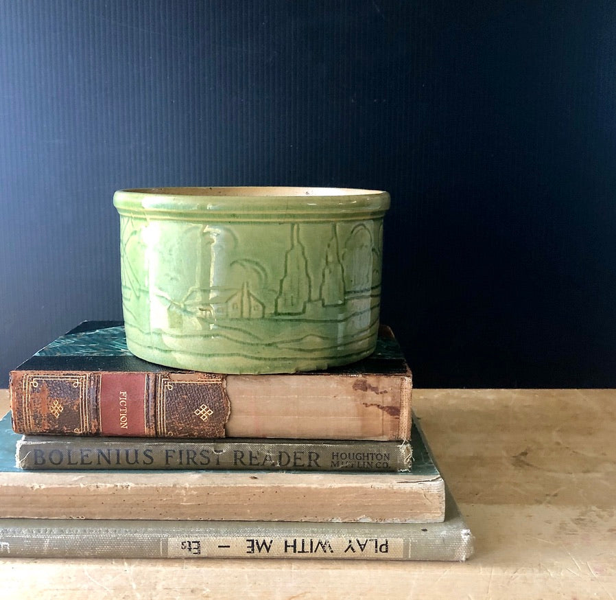 Green Yellow Ware Crock with Windmill Design (c.1930s)