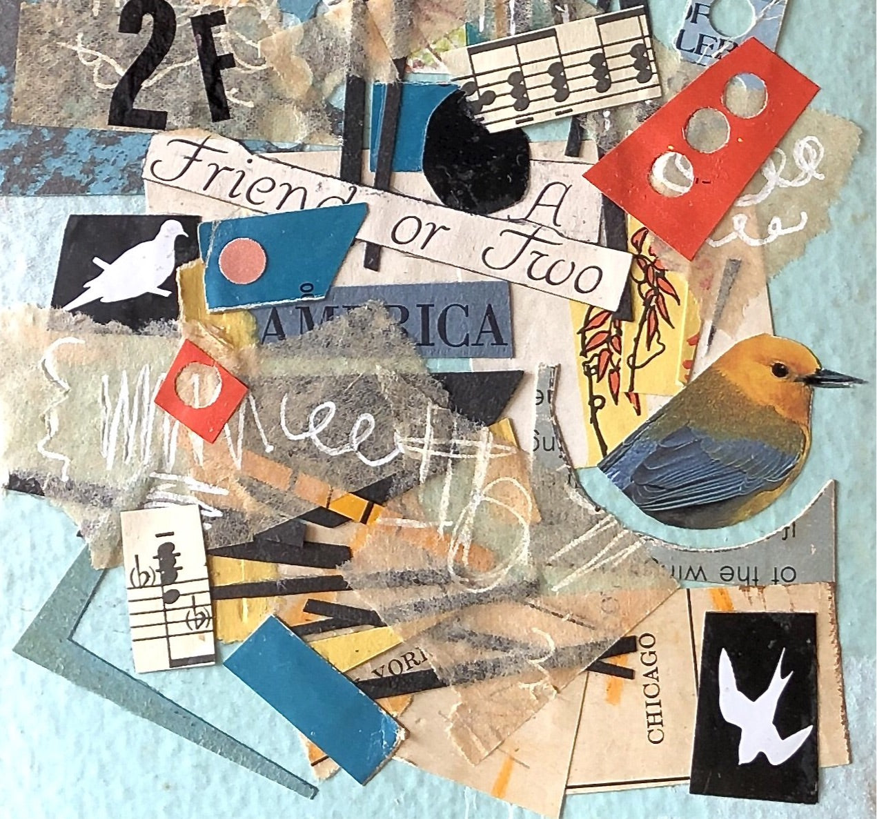 Mixed Media Paper Collage, 'A Friend or Two' – Rush Creek Vintage