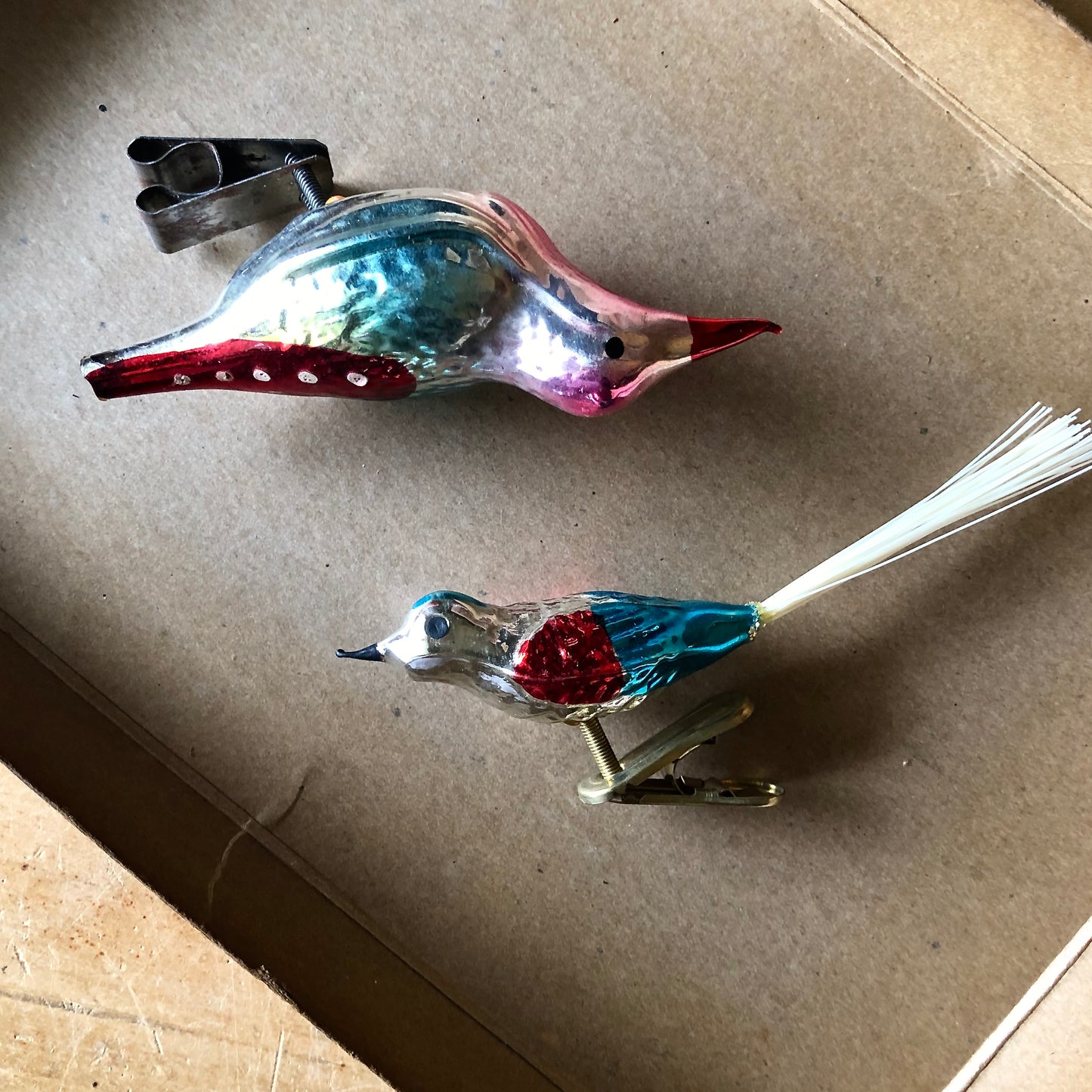 Vintage Glass Bird Tree Clip Ornaments (c.1950s)