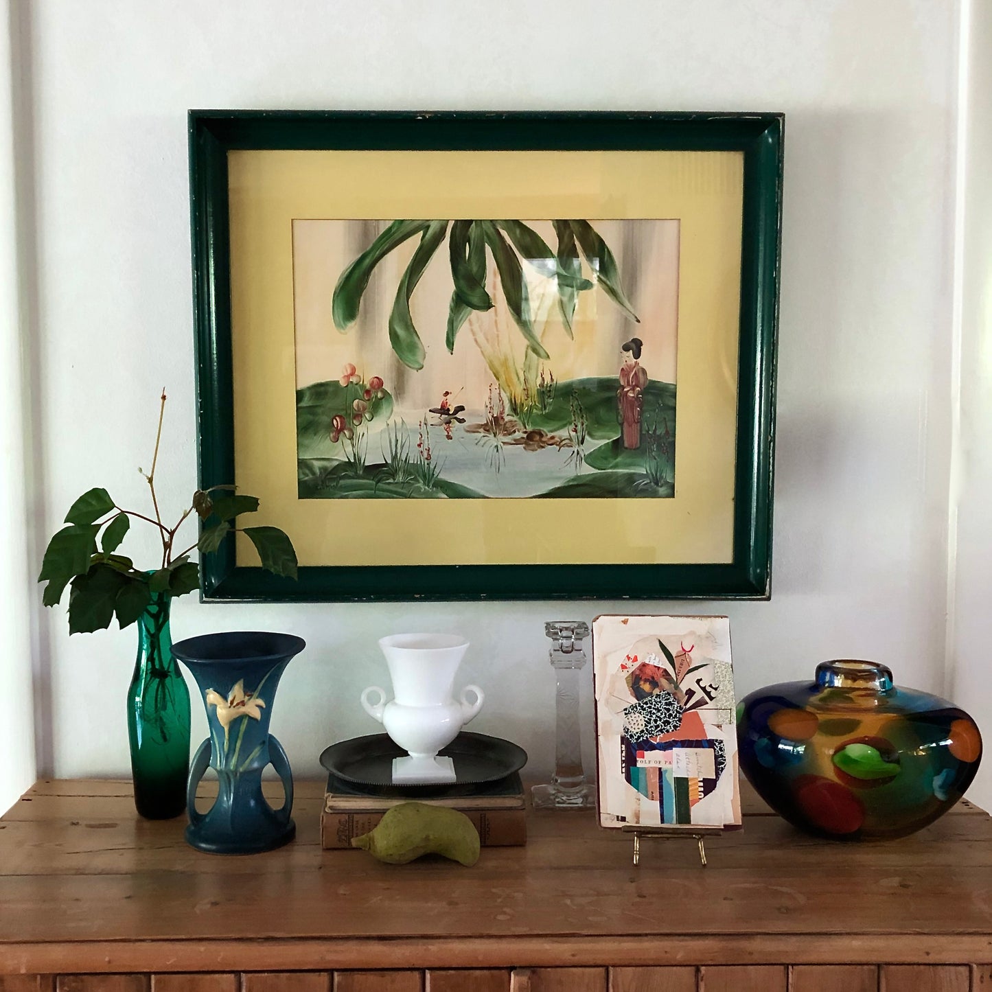 Mid Century Finger Painted Japanese Pond Scene by Gen Matucha