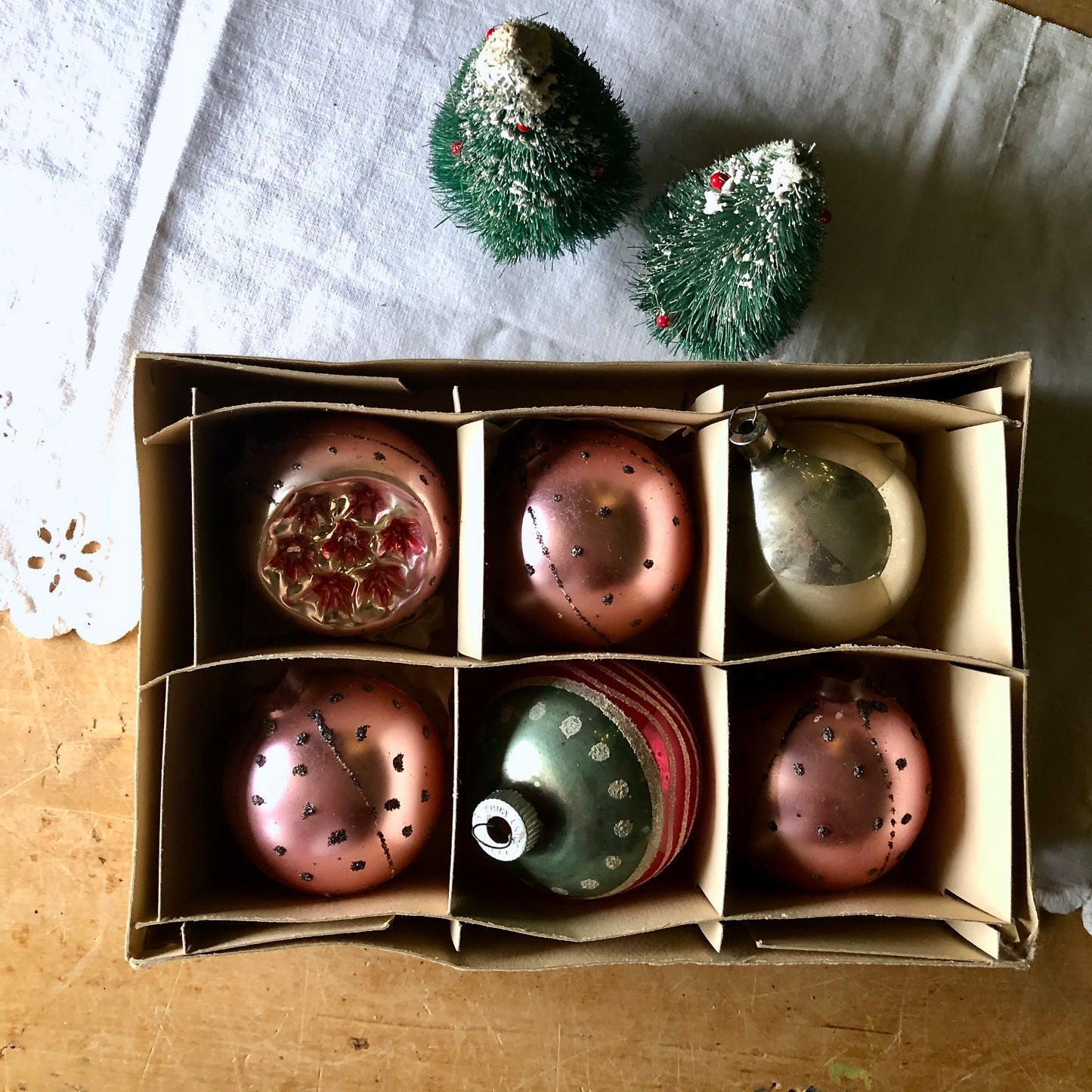 Vintage Pastel Pink Ornaments with Box (c.1950s)