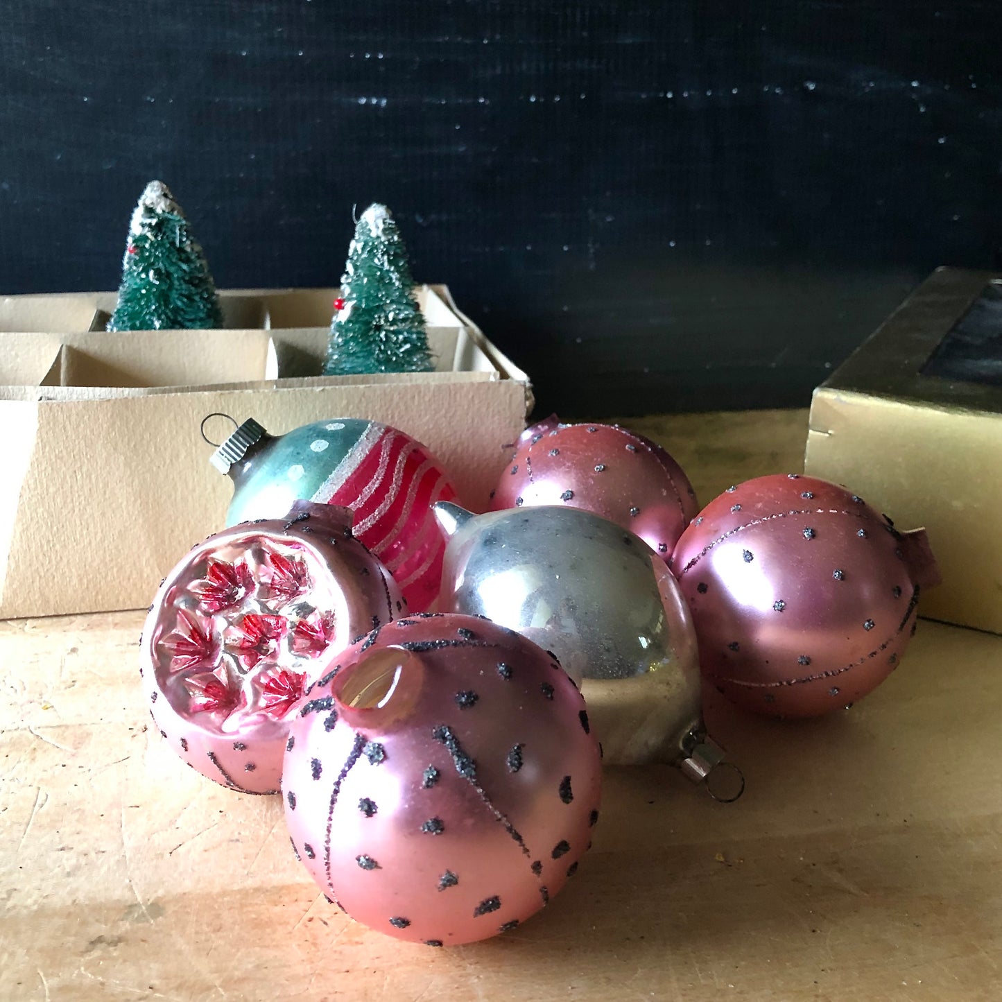 Vintage Pastel Pink Ornaments with Box (c.1950s)