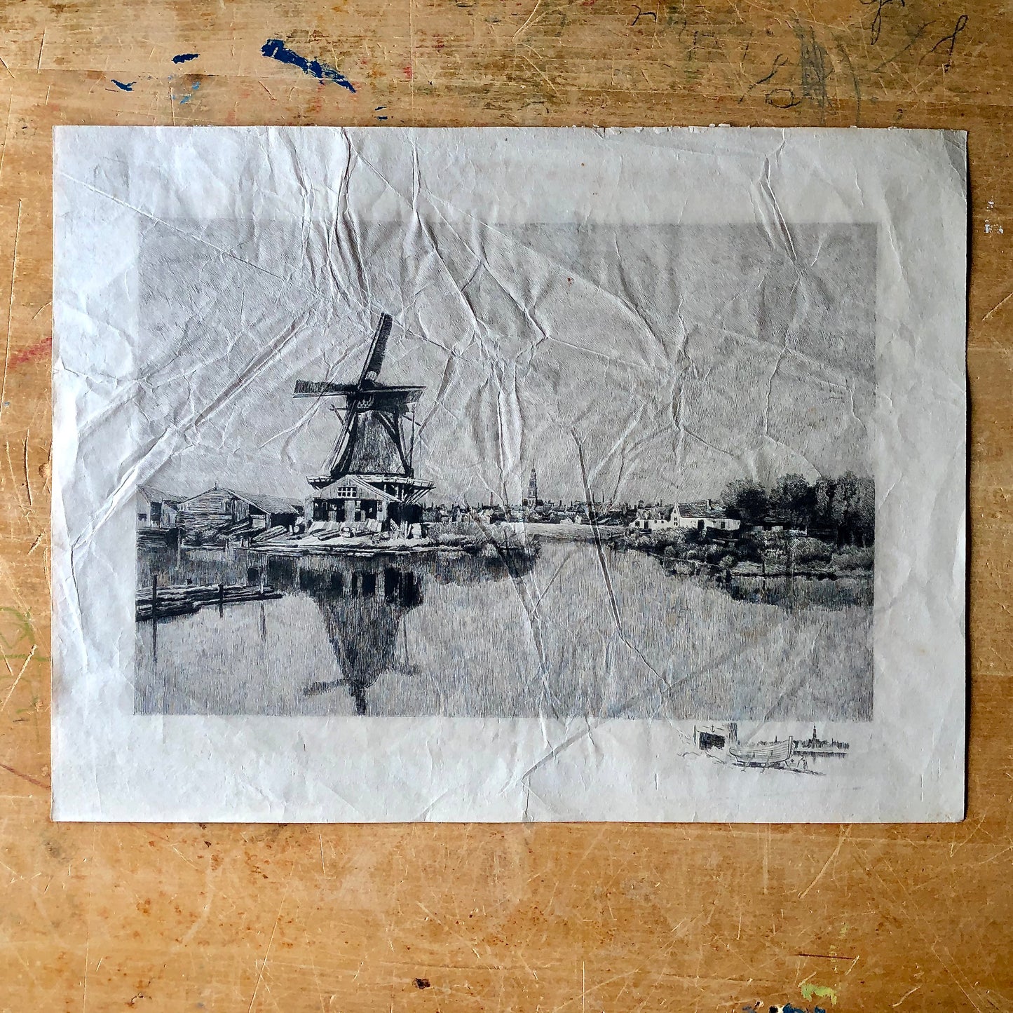Art Etching of Dutch Port Scene on Rice Paper