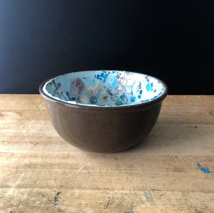 Vintage Brown Pottery Mixing Bowl with Upcycled Mosaic Design
