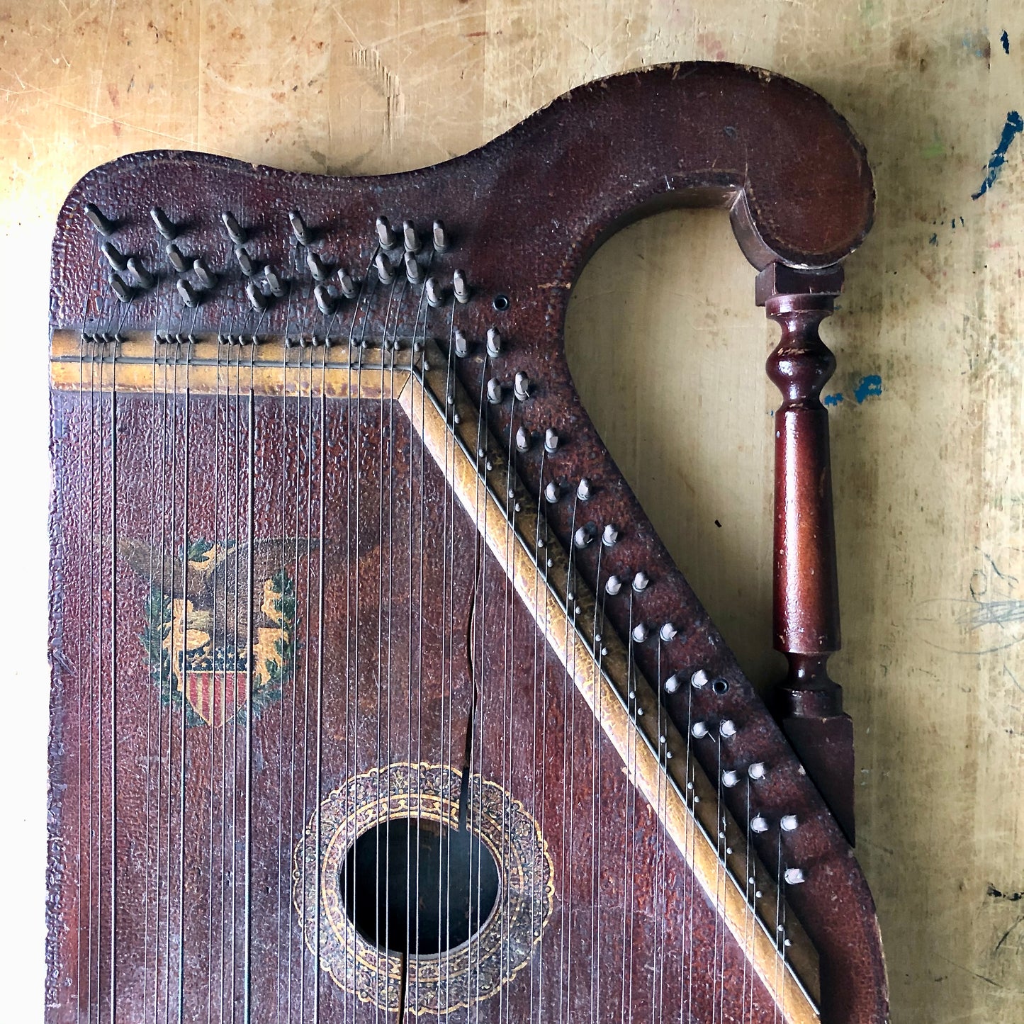 Antique Zither Instrument with Eagle Emblem (c.1920s)