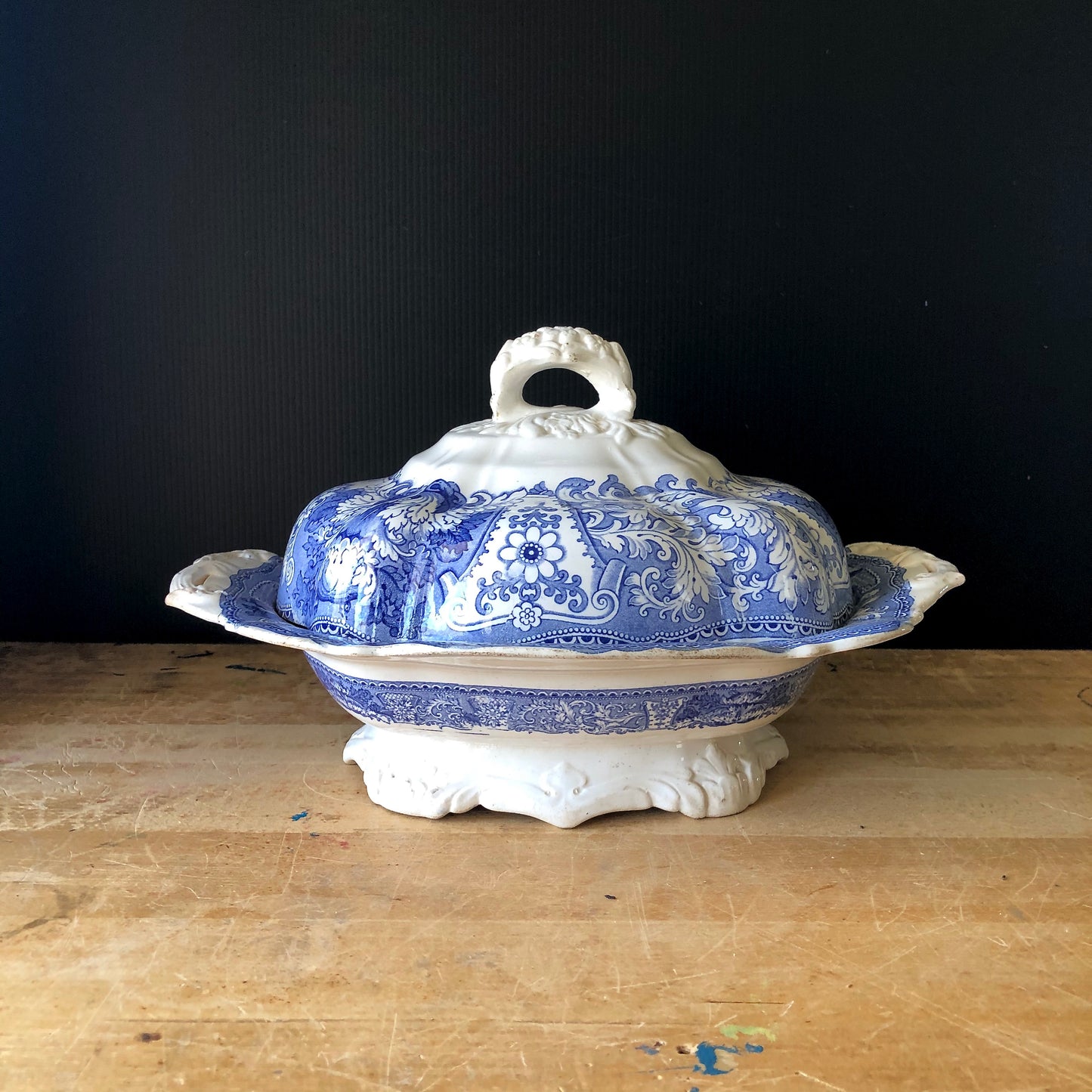 Antique Blue Transferware Covered Serving Dish (1800s)