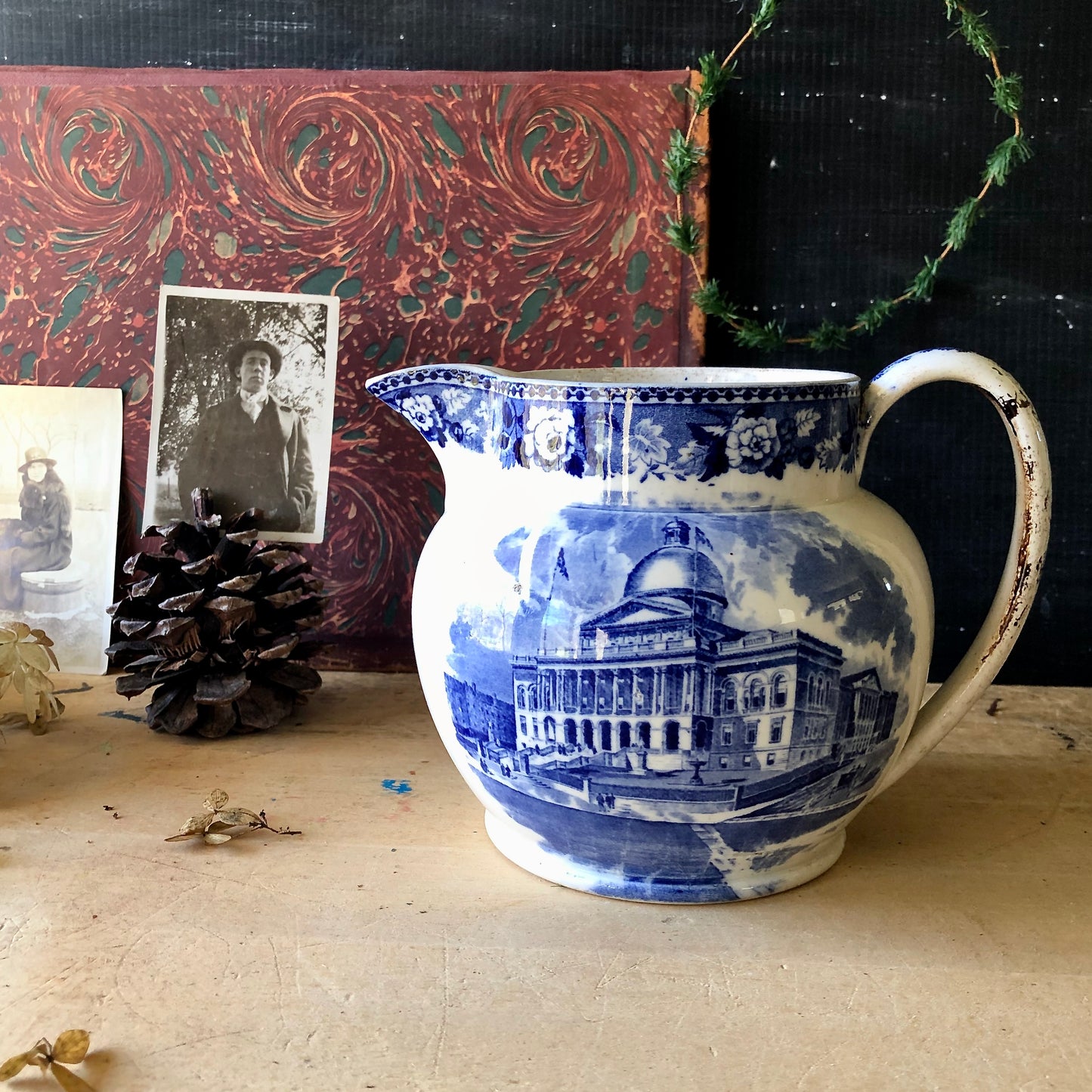 Antique Wedgewood Blue Transferware Pitcher (c.1800s)