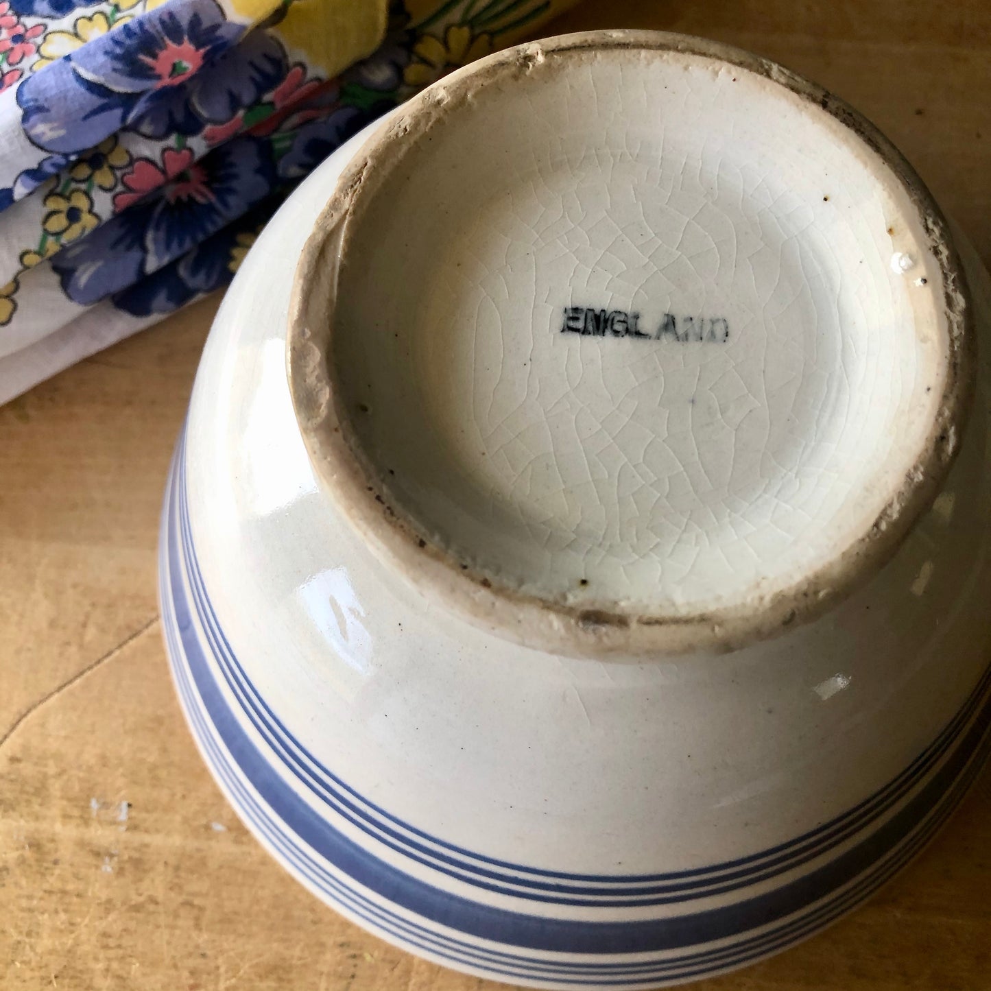 English Blue Striped Earthenware Bowl (c.1930s)