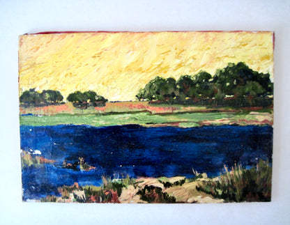 Vintage Oil Painting of Lake Scene on Canvas