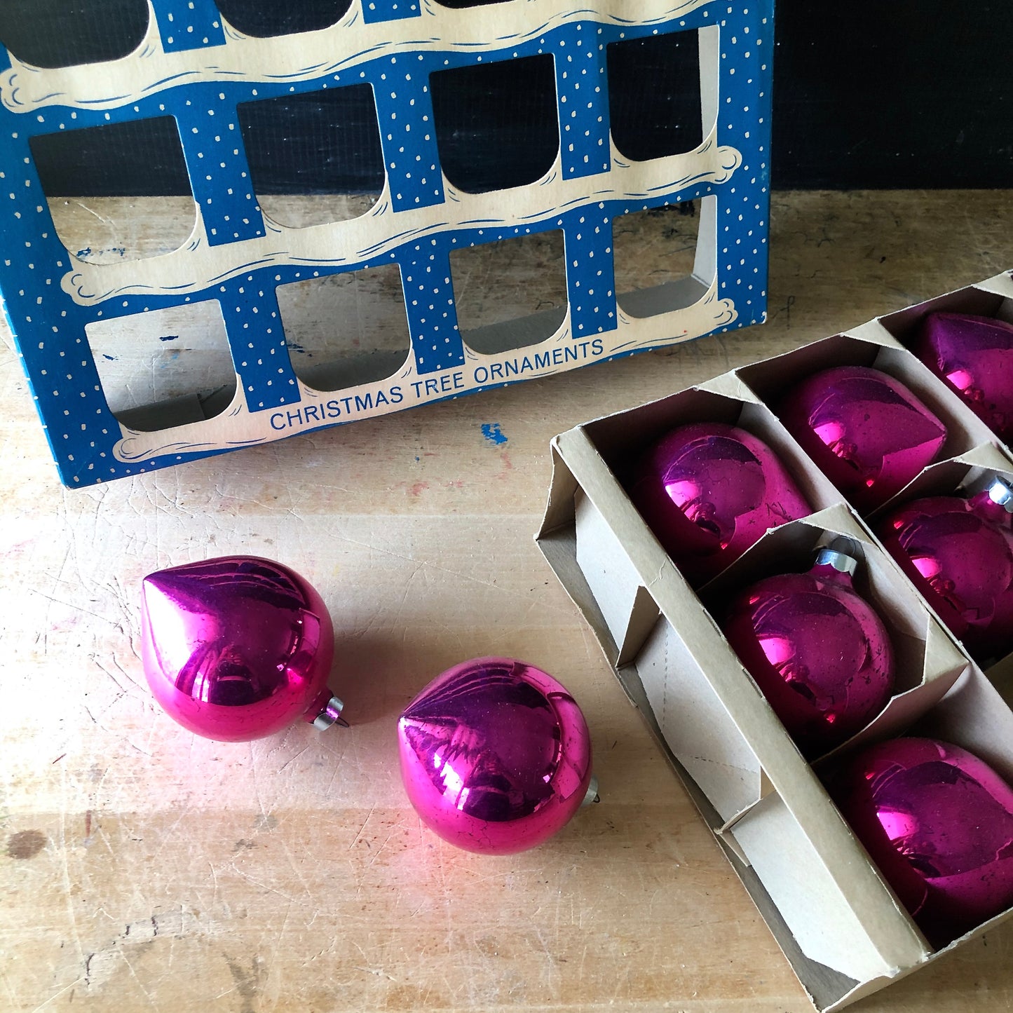 Vintage Paragon Hot Pink Glass Ornaments in Box (c.1950s)