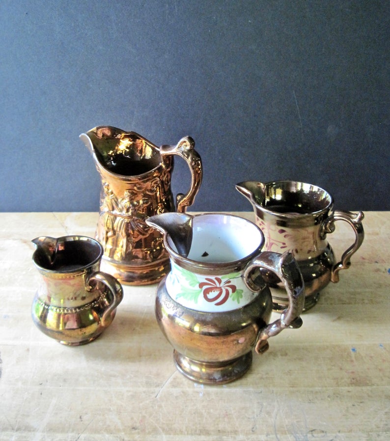 English Copper Lustreware Pitchers (c.1800s)