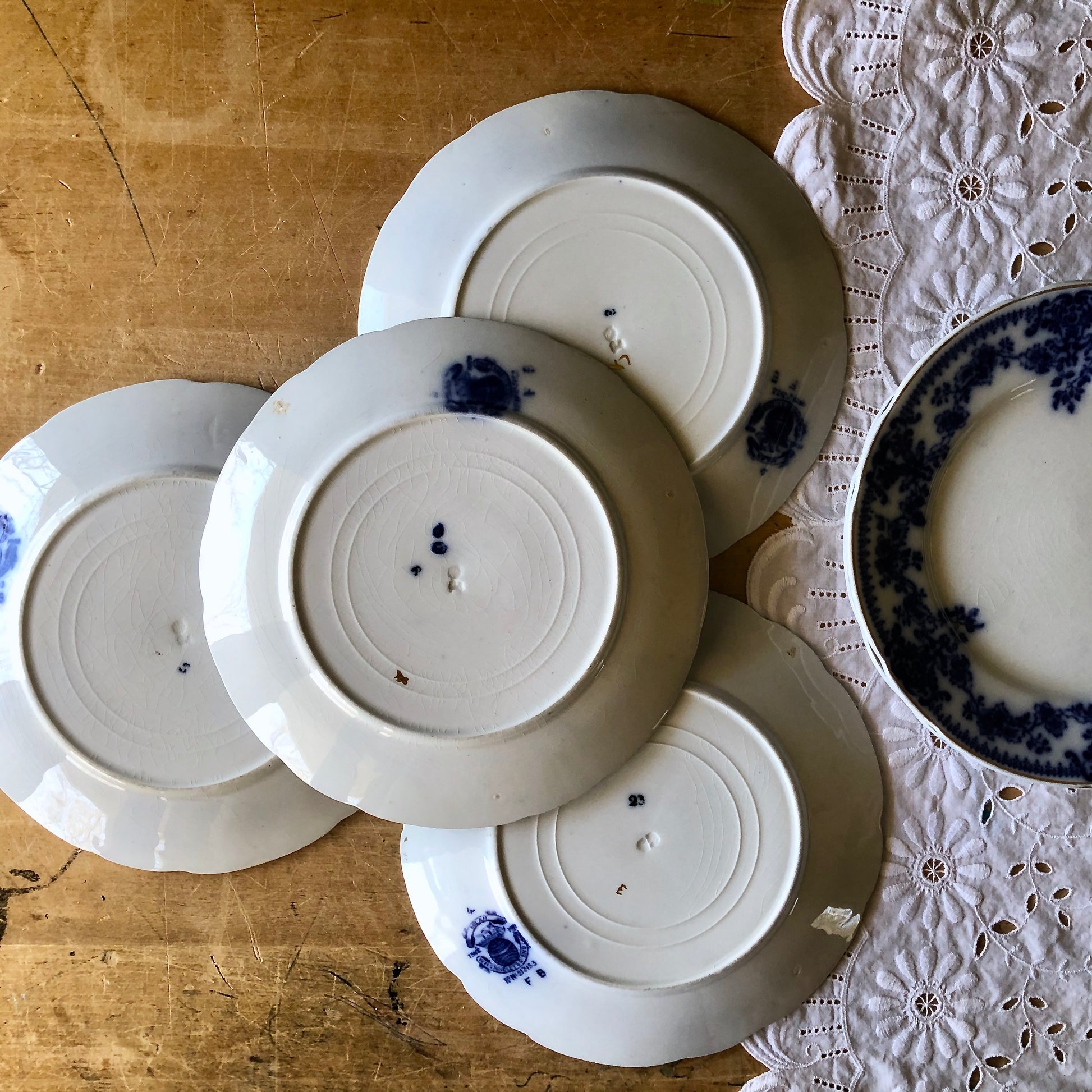 English Antique Flow Blue Dessert Plates, Set of 6 (c.1800s)