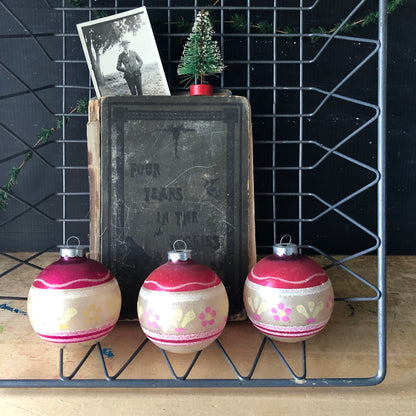 Vintage Pink Stenciled Christmas Ornament Trio (c.1950s)