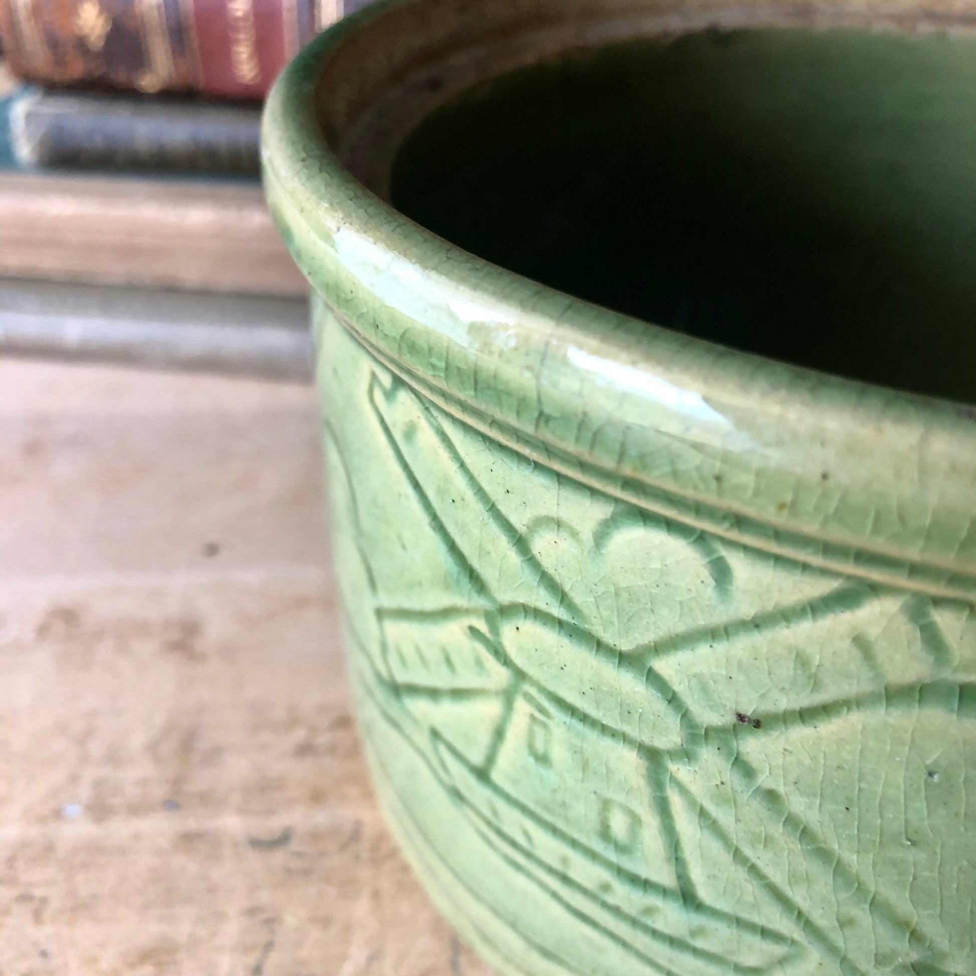 Green Yellow Ware Crock with Windmill Design (c.1930s)
