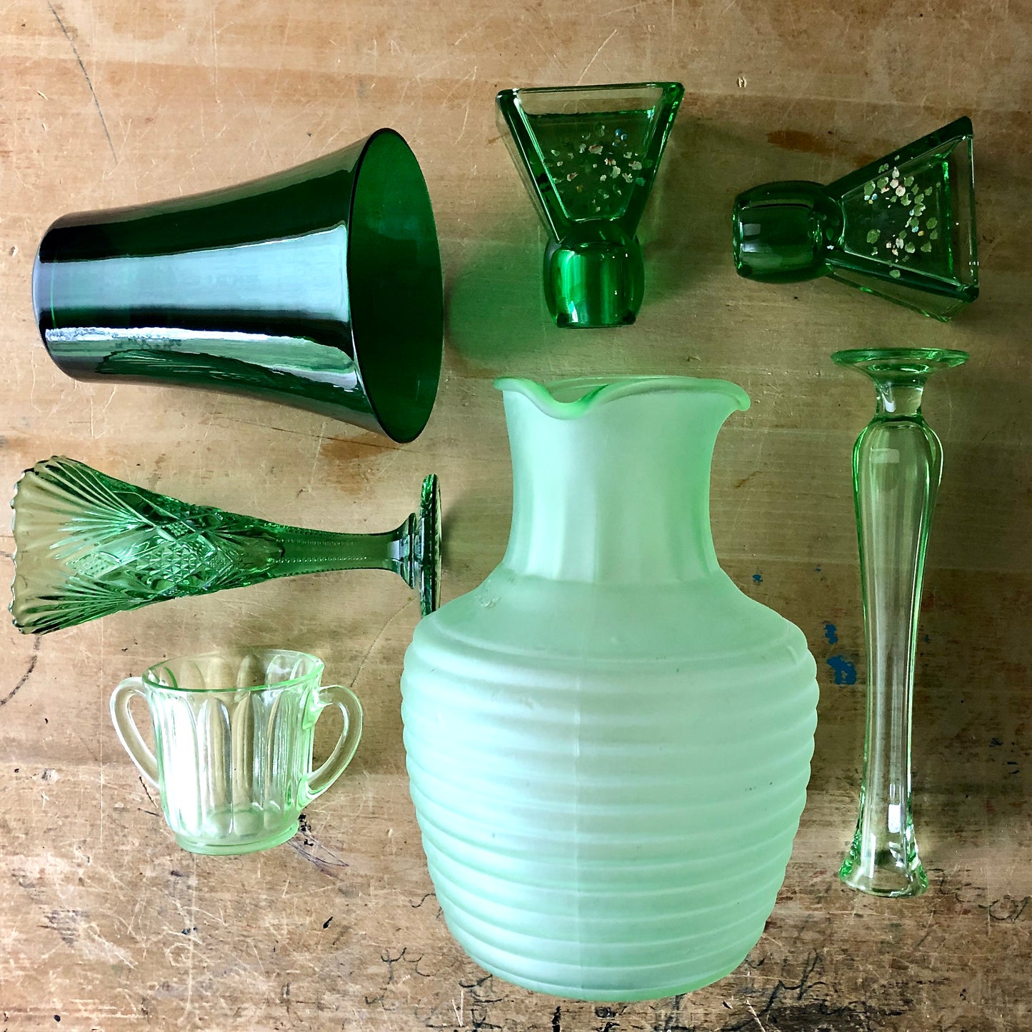 Green Depression Glass Collection with Uranium Glass (c.1930s)