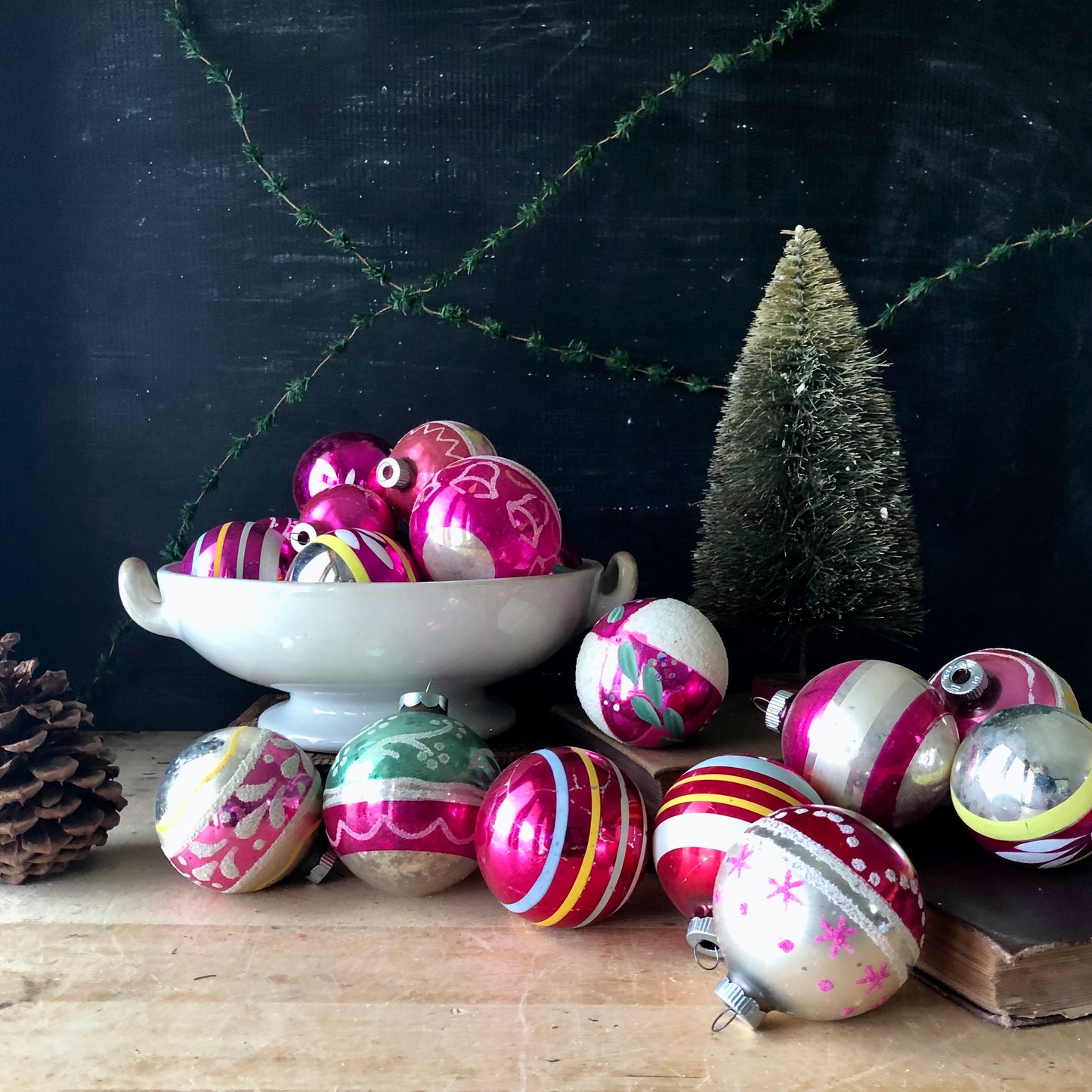 Large Set of Vintage Pink Christmas Ornaments (c.1950s)