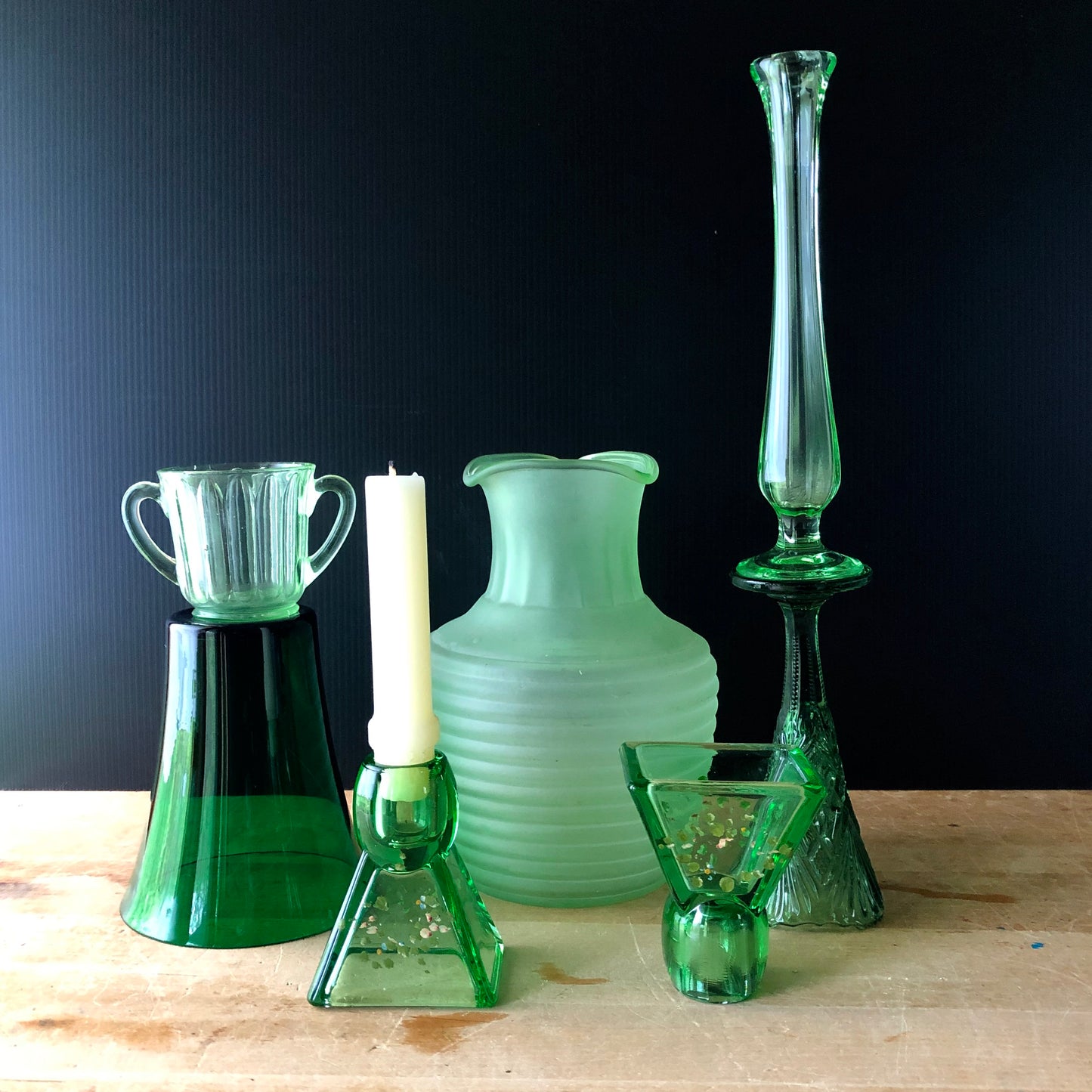 Green Depression Glass Collection with Uranium Glass (c.1930s)