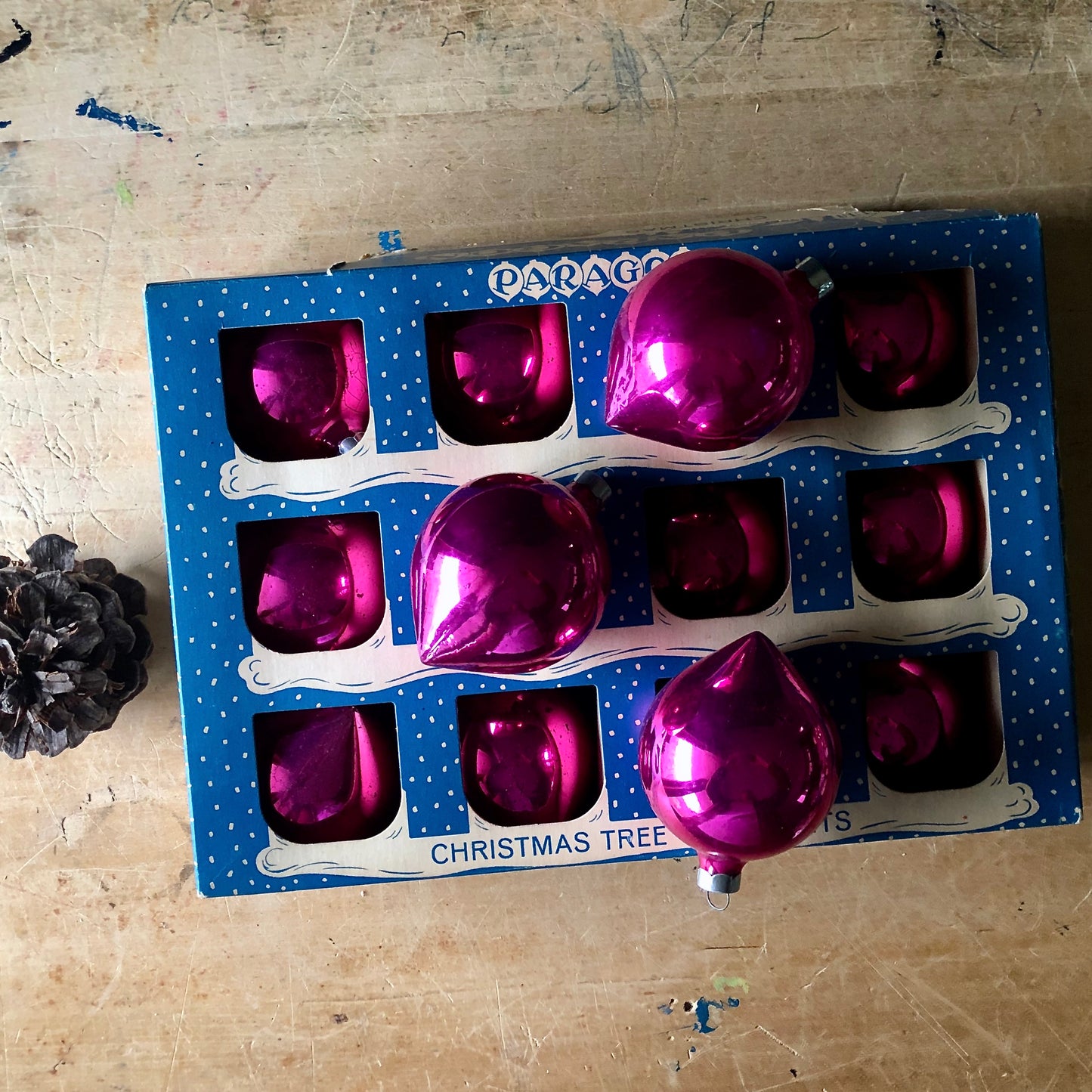 Vintage Paragon Hot Pink Glass Ornaments in Box (c.1950s)