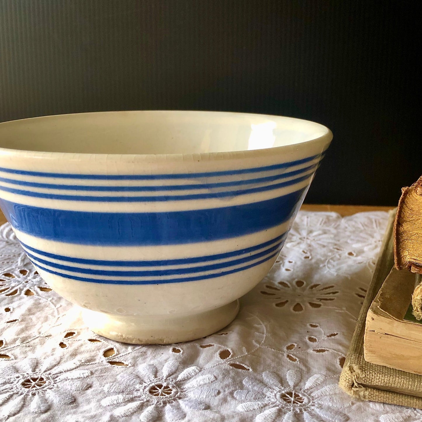 English Blue Striped Earthenware Bowl (c.1930s)