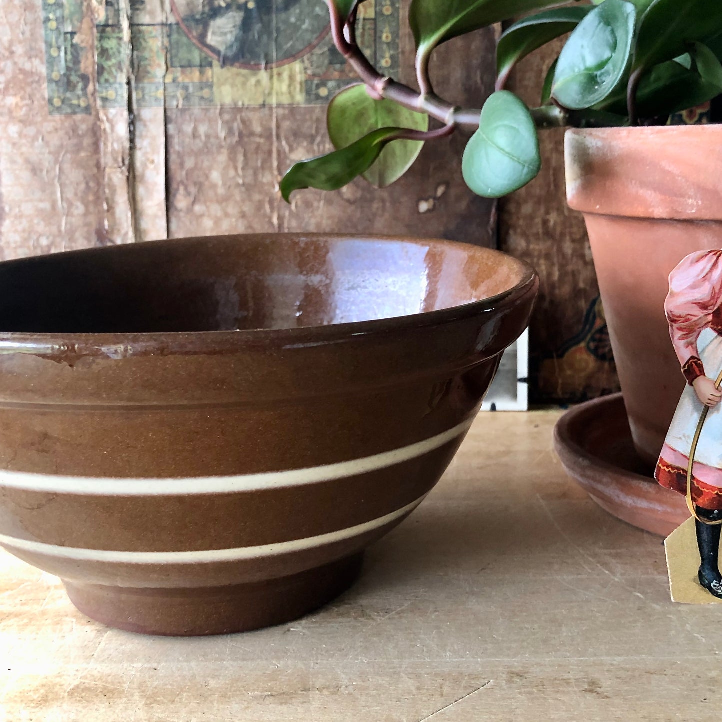 Striped Brown Farmhouse Pottery Bowl (c.1900s)