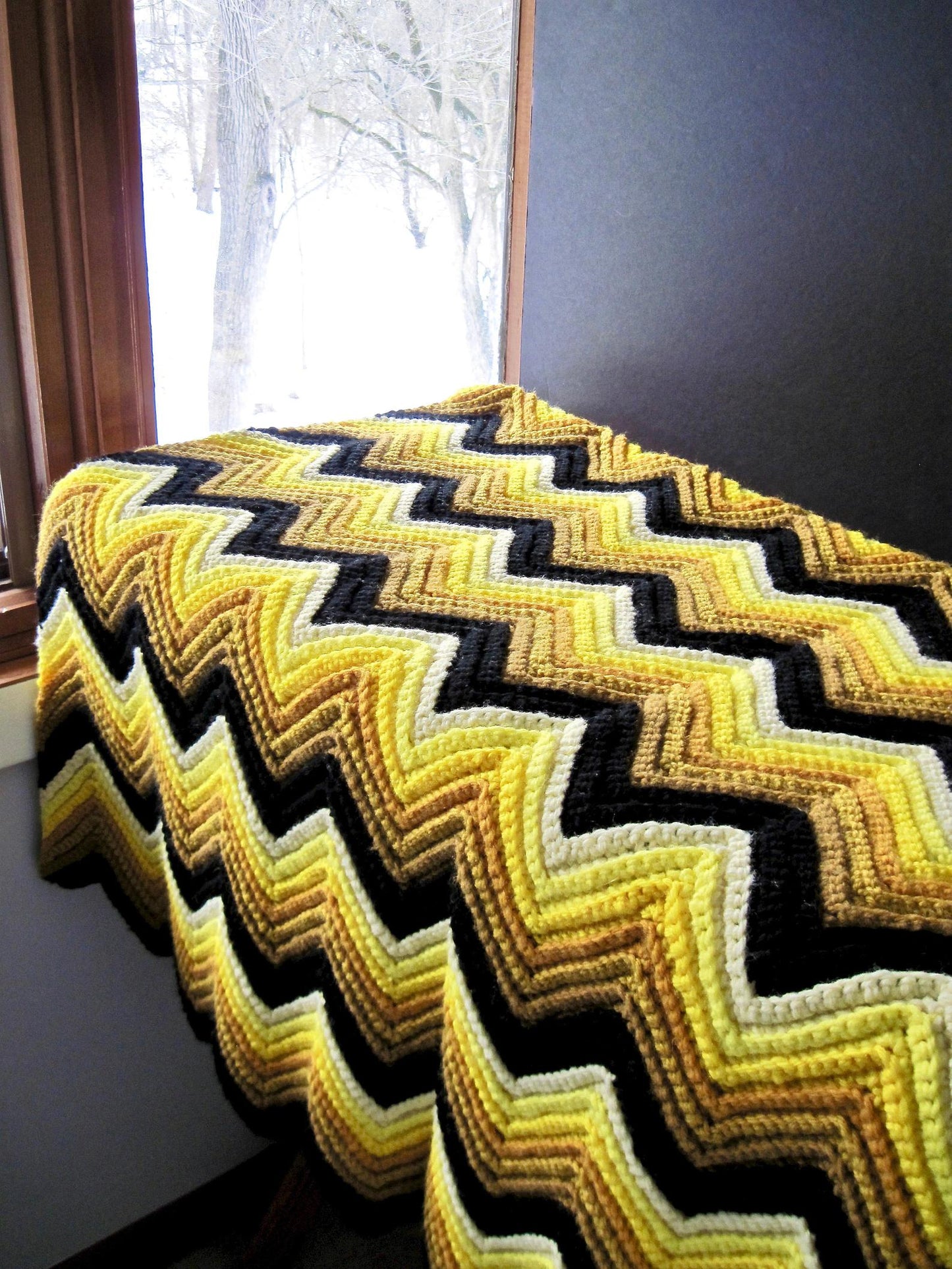 Vintage Crochet Yellow Chevron Afghan Throw, Zig Zag Blanket (c.1960s)