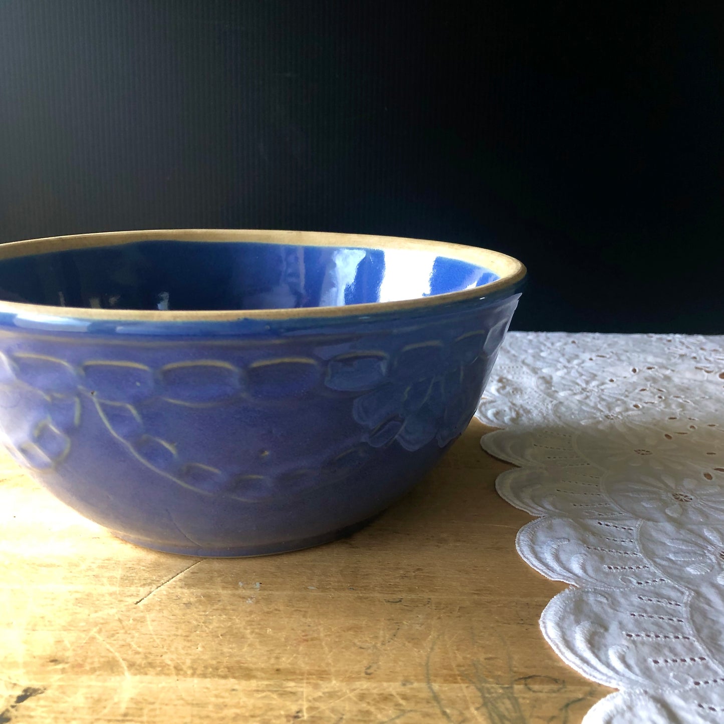 Vintage Farmhouse Blue Pottery Mixing Bowl