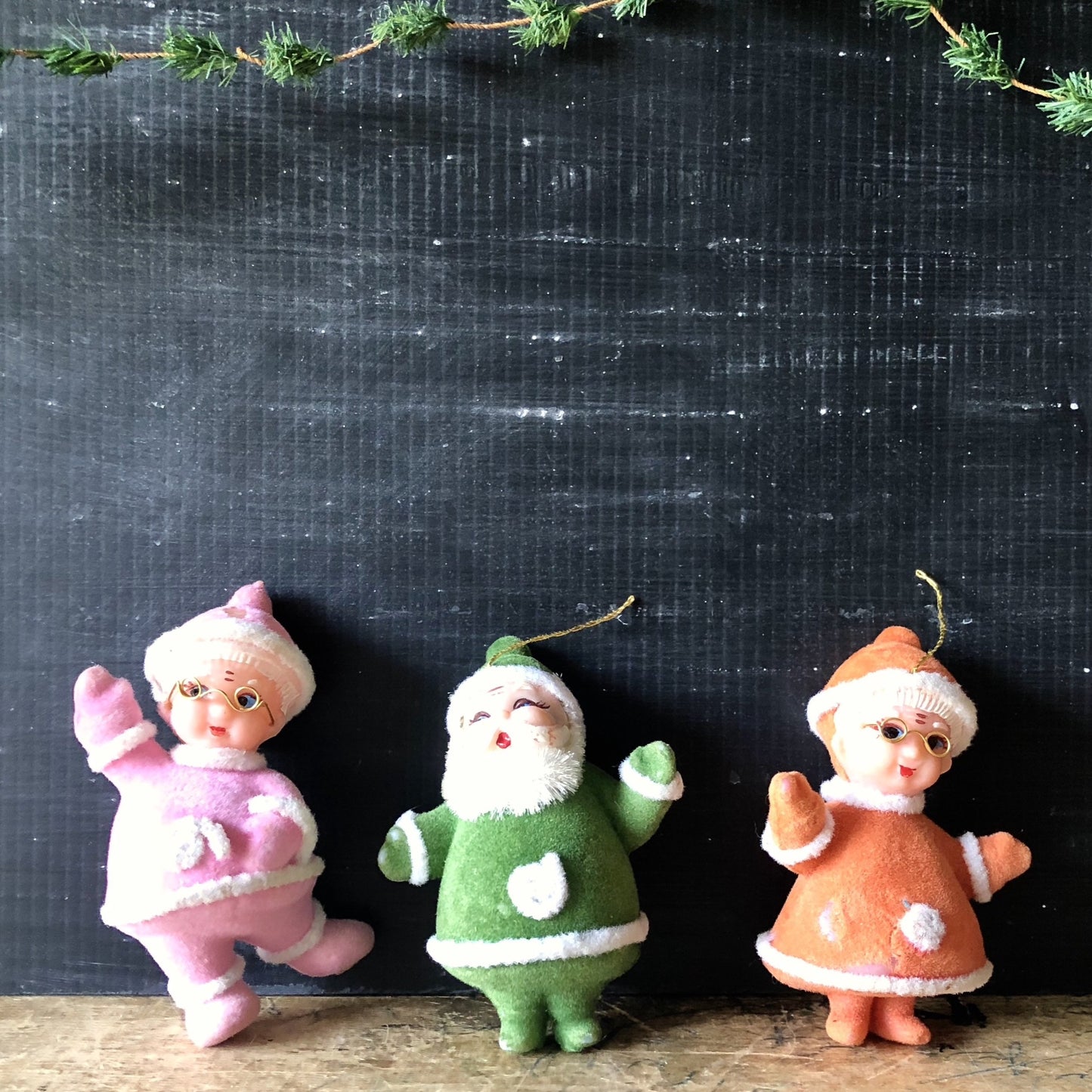 Vintage Santa and Mrs. Claus Flocked Christmas Ornaments (c.1960s)