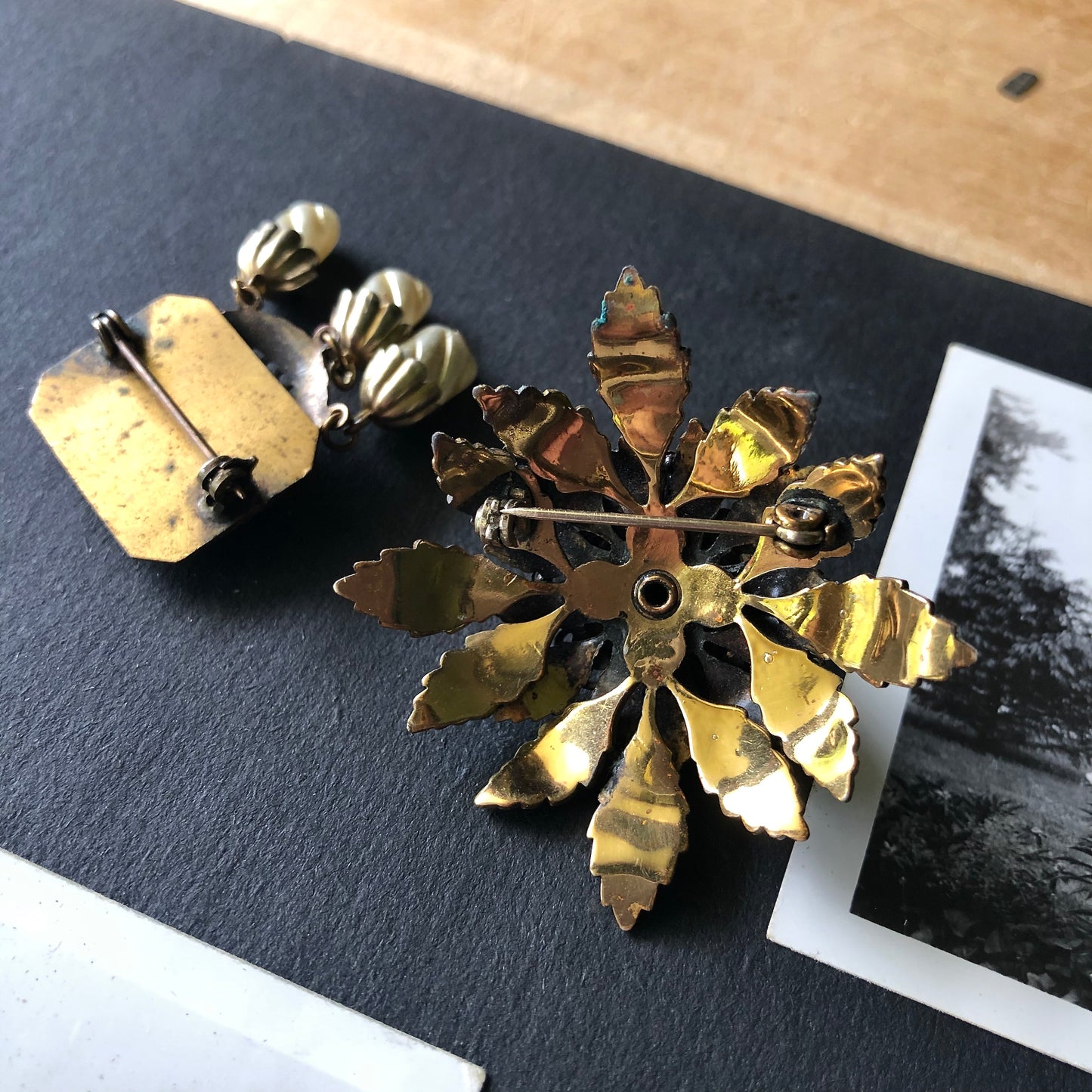 Victorian Gold Tone Brooches with Faux Pearl Accents