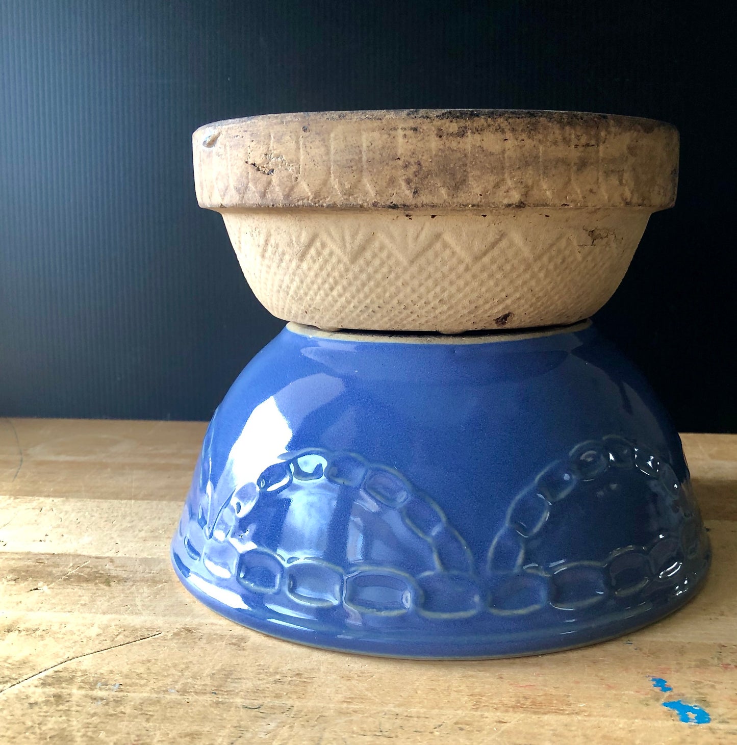 Vintage Farmhouse Blue Pottery Mixing Bowl