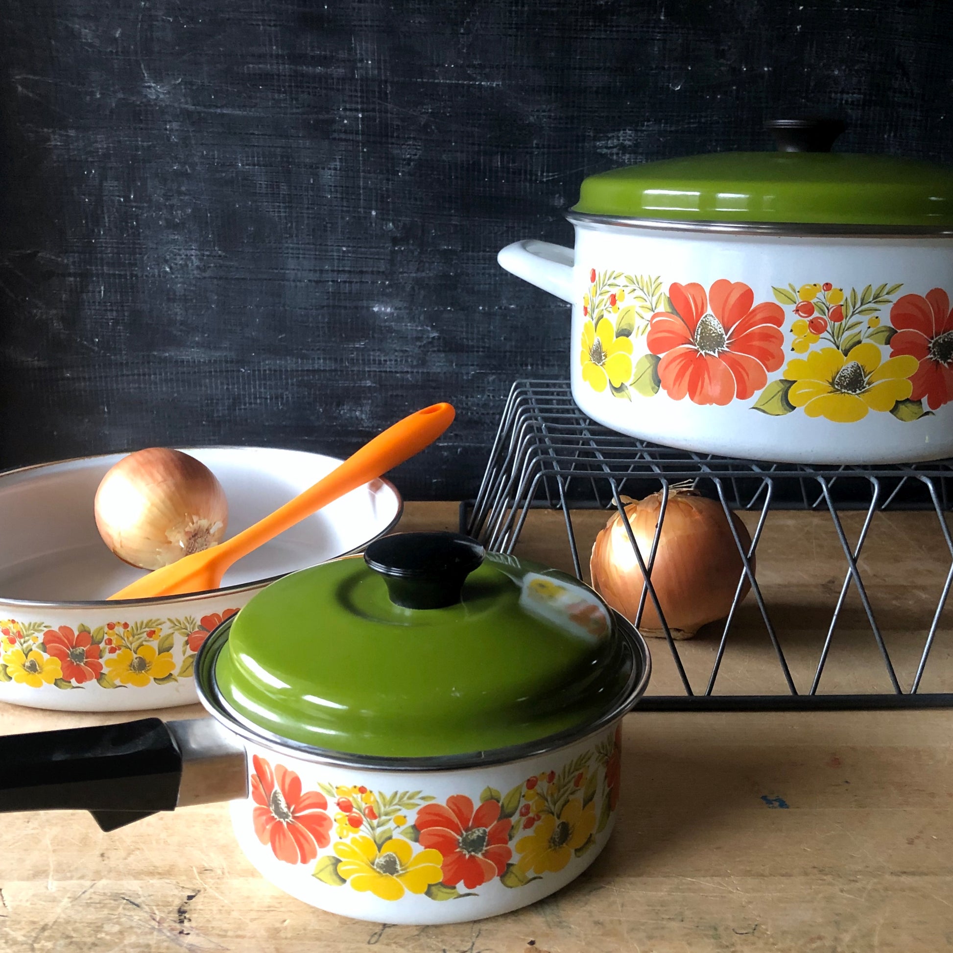 Vintage Porcelain Enamel Colorful Floral 8 Pan Cookware with Brown Hardware