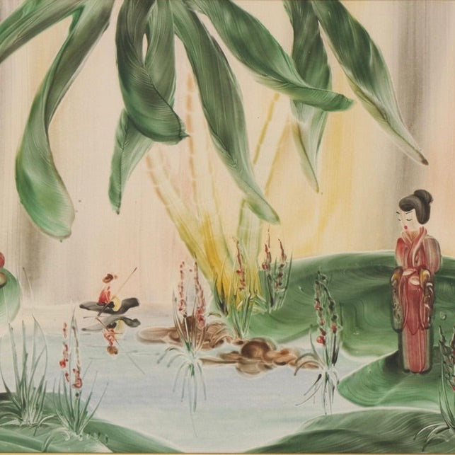 Mid Century Finger Painted Japanese Pond Scene by Gen Matucha