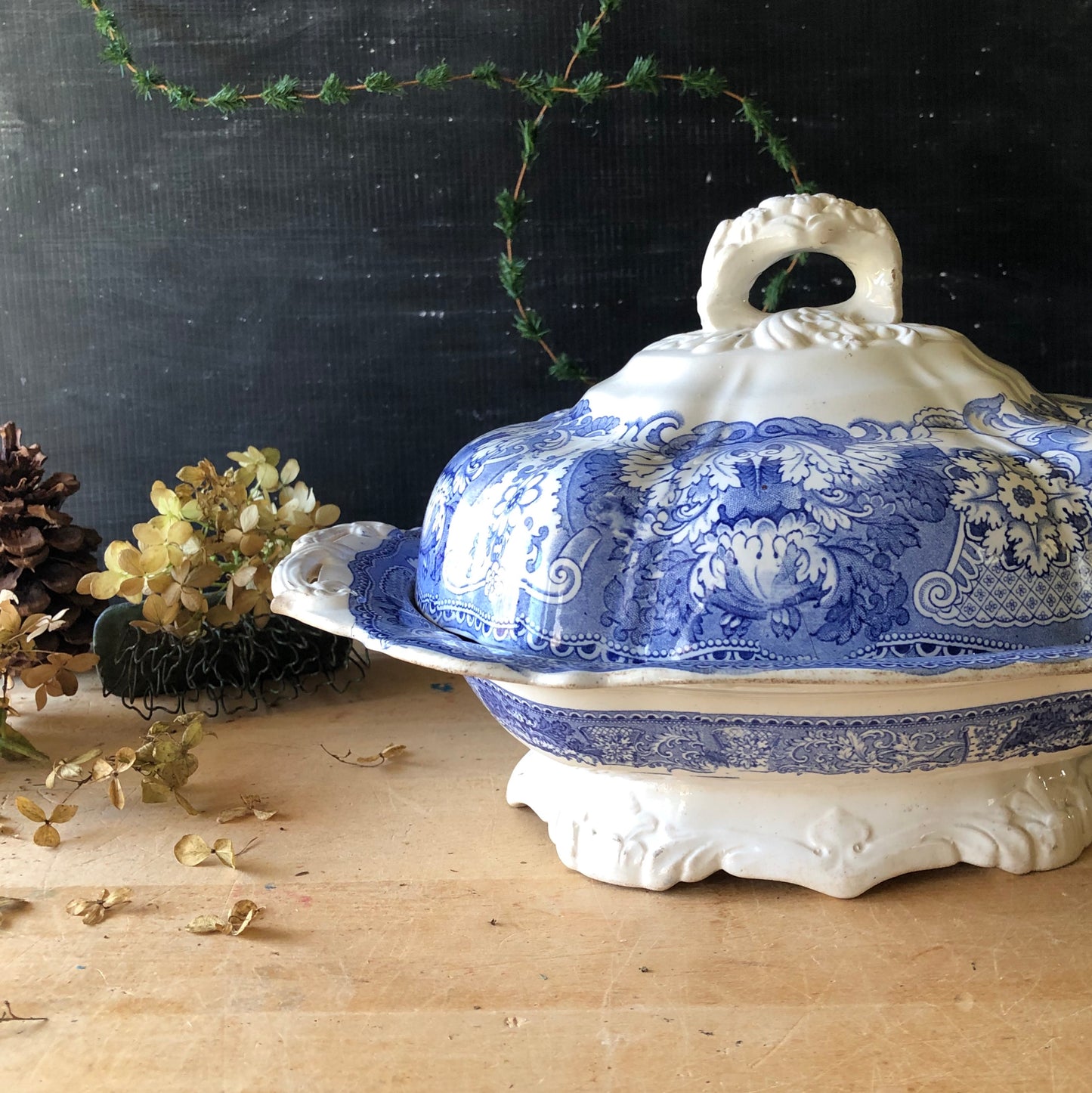 Antique Blue Transferware Covered Serving Dish (1800s)