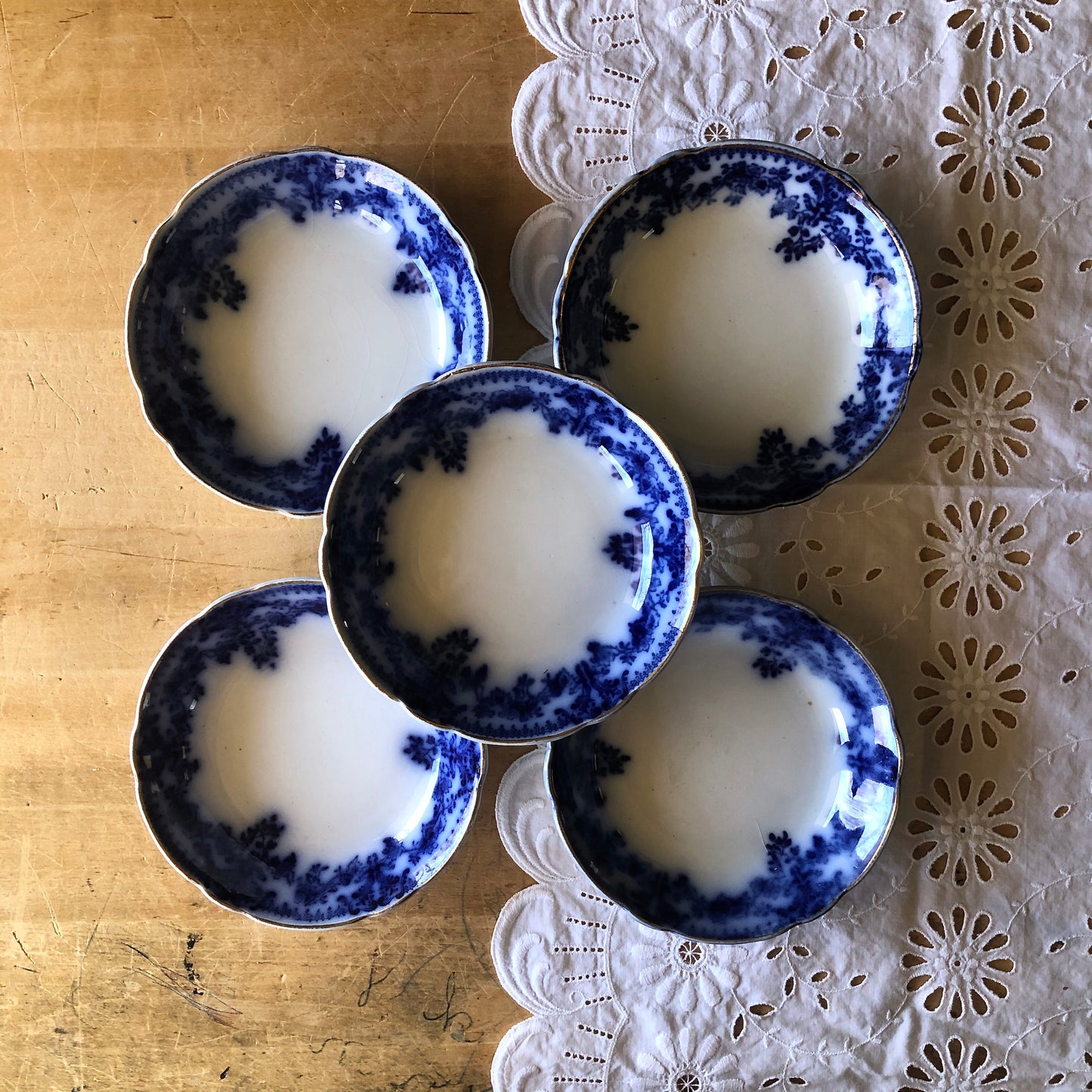 Antique Flow Blue Berry Bowls by WH Grindley & Co. (c.1800s)