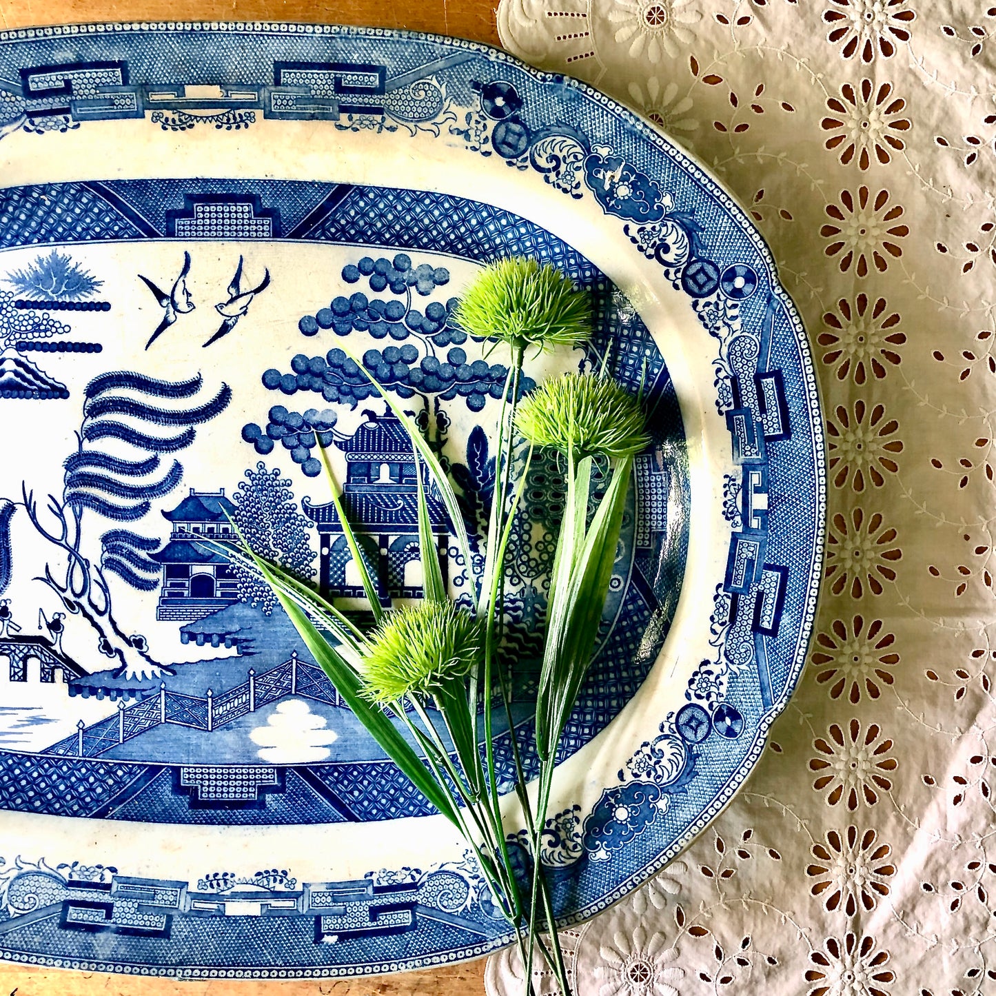 Extra Large Blue Willow Transferware Meat Platter (c.1800s)