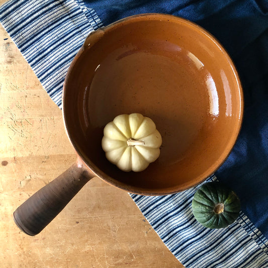 Vintage French Clay Baking Dish with Handle (c.1900s)