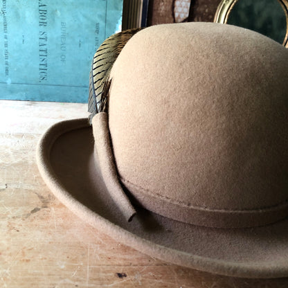 Tan Wool Bowler Hat with Feathers (c.1960s)