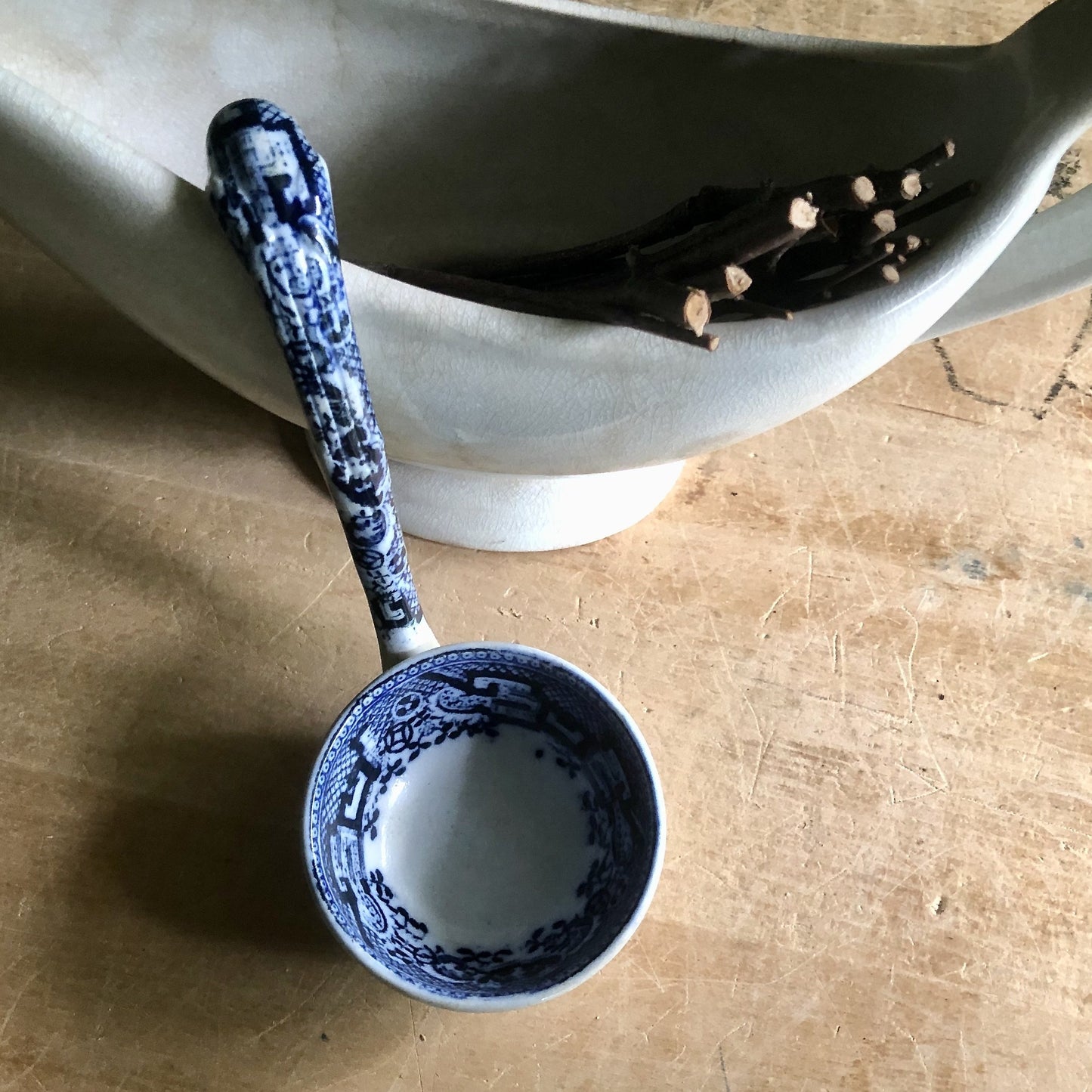 Small Blue Transferware Sauce Ladle (c.1800s)