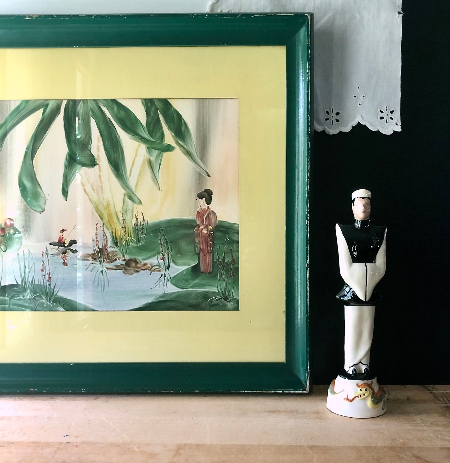 Mid Century Finger Painted Japanese Pond Scene by Gen Matucha