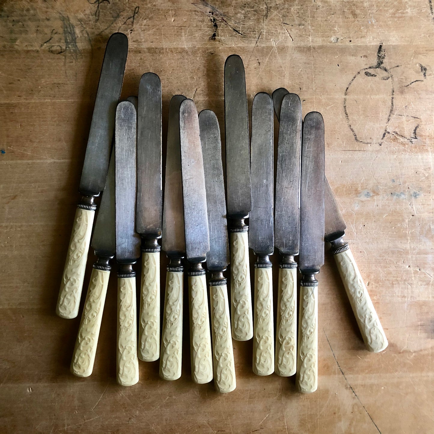 Vintage Celluloid Dinner Knives with Embossed Handles (c.1900s)